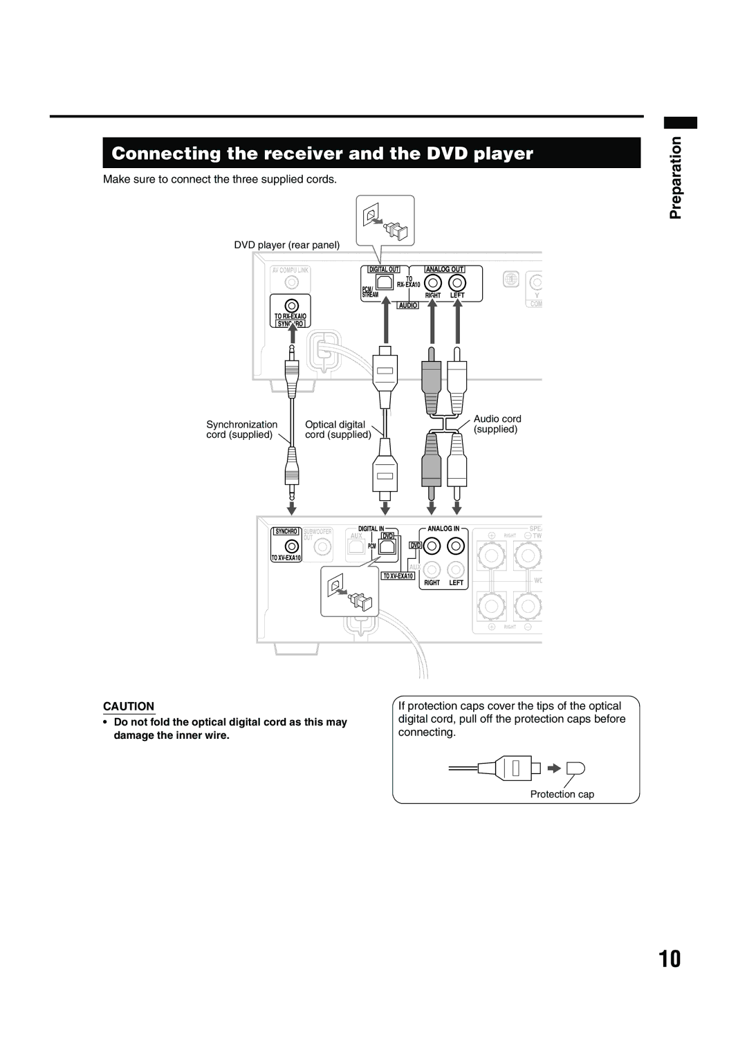 JVC EX-A10 manual Connecting the receiver and the DVD player, Make sure to connect the three supplied cords 