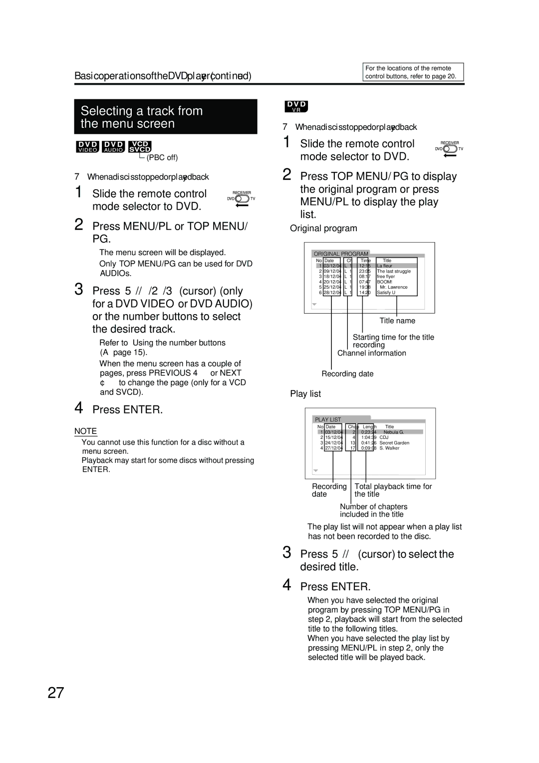 JVC EX-A10 manual Selecting a track from the menu screen 