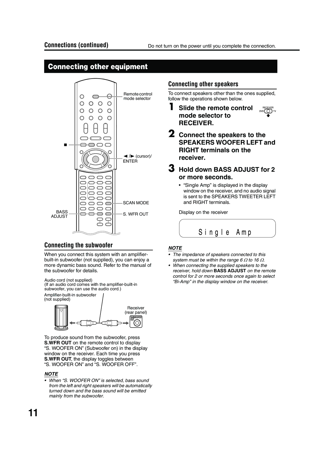 JVC EX-A10 manual Connecting other equipment, Connecting other speakers, Slide the remote control mode selector to 