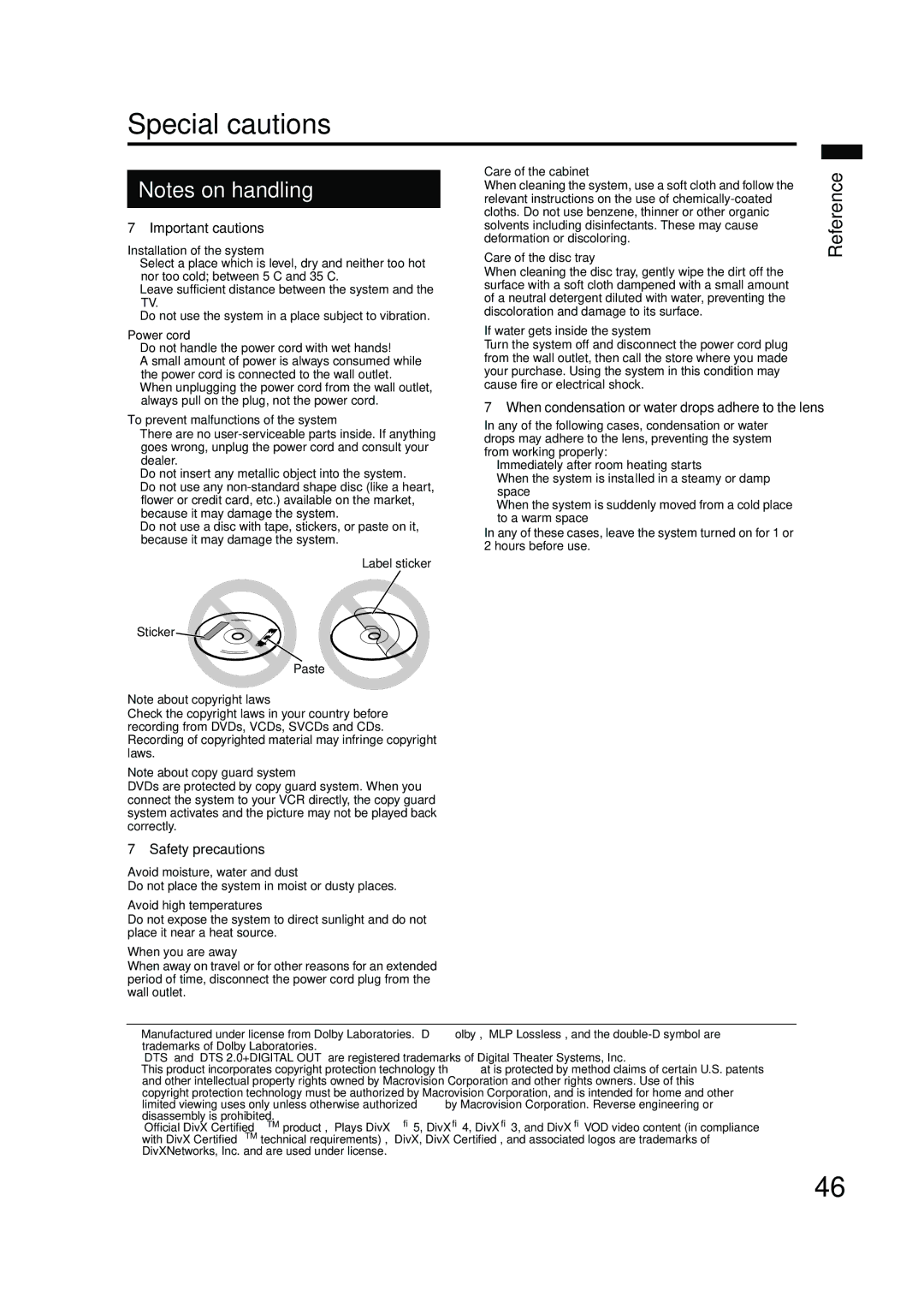 JVC EX-A10 manual Special cautions 