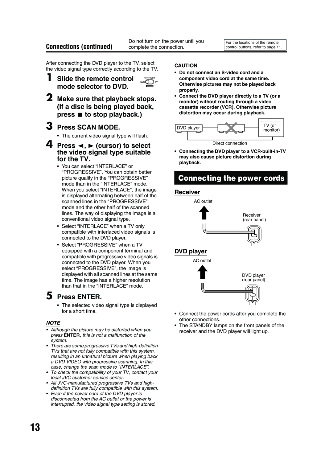 JVC EX-A10 manual Connecting the power cords, Press Enter, Current video signal type will flash 