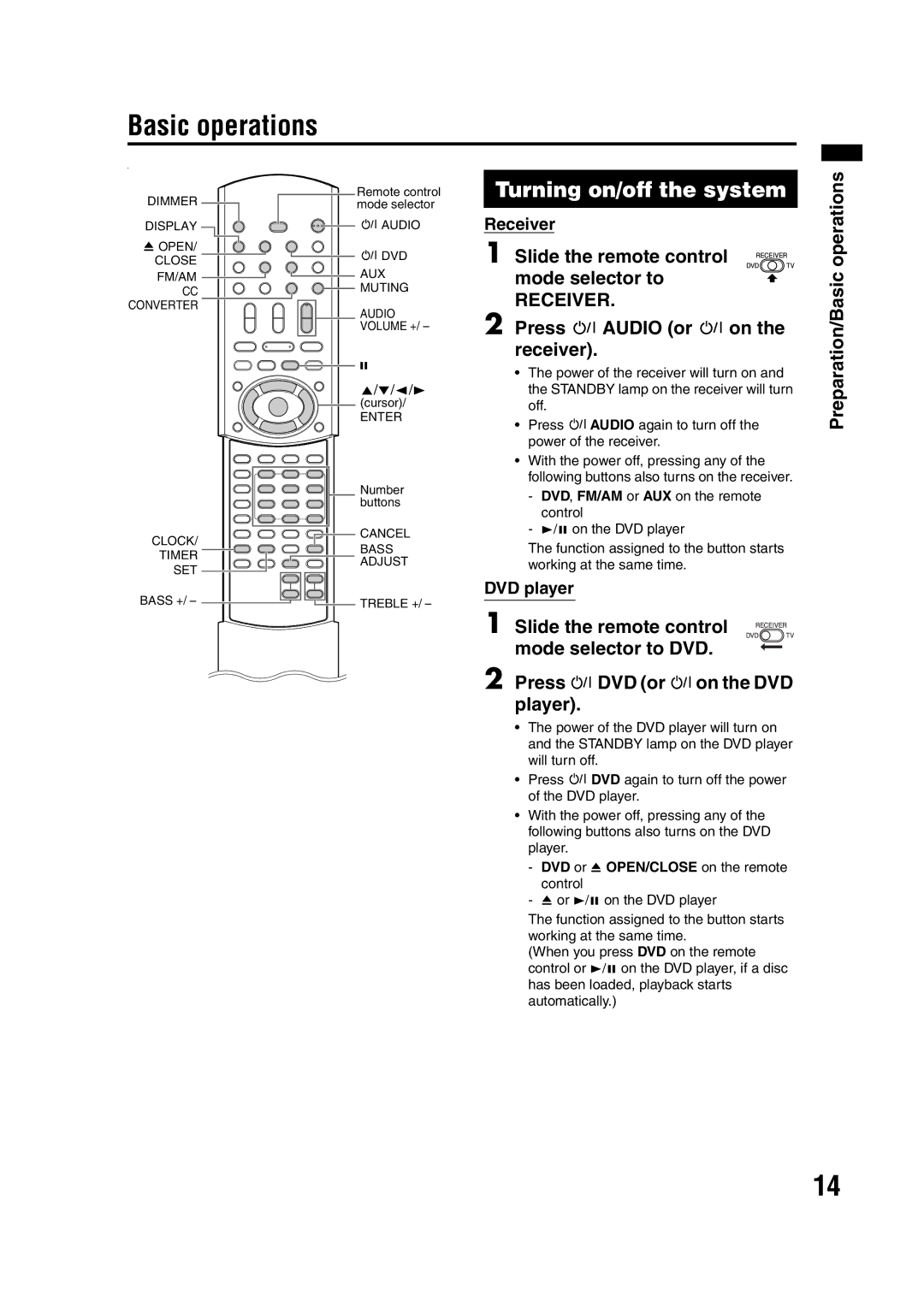 JVC EX-A10 manual Turning on/off the system, Press F Audio or F on the receiver, Preparation/Basic operations 