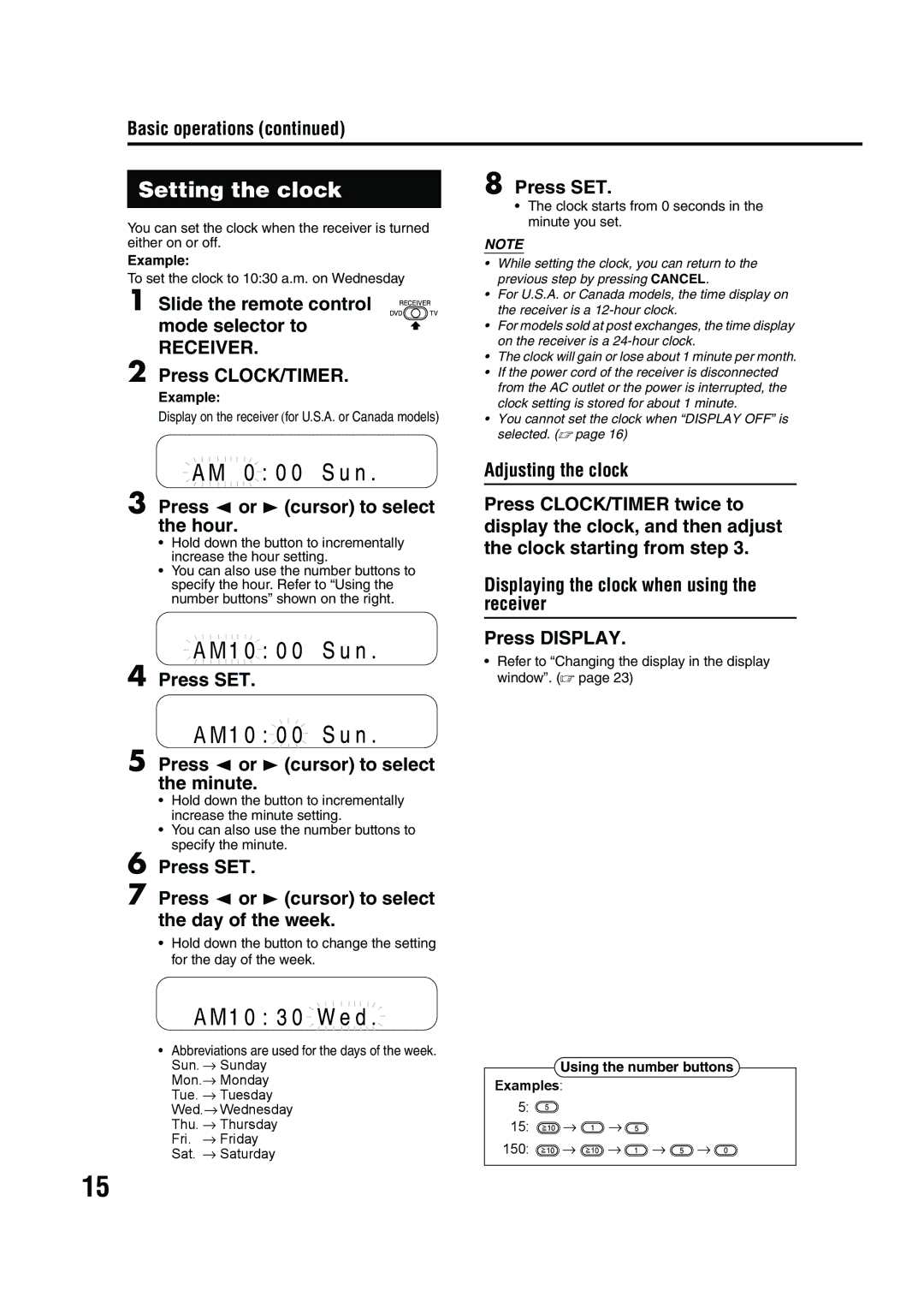 JVC EX-A10 manual Setting the clock 