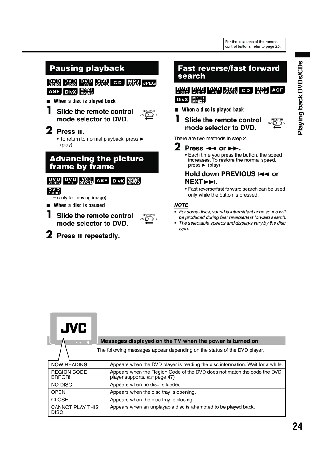 JVC EX-A10 manual Pausing playback, Advancing the picture frame by frame, Fast reverse/fast forward search 