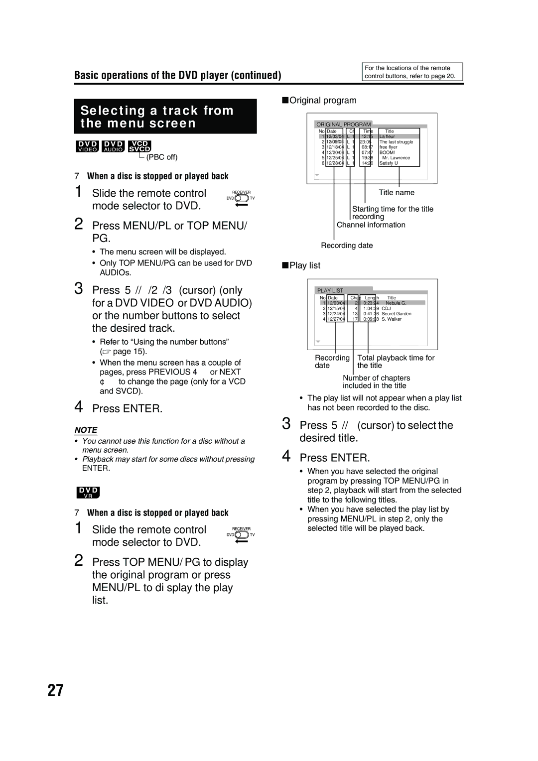 JVC EX-A10 manual Selecting a track from the menu screen, Press 5//cursor to select the desired title Press Enter 