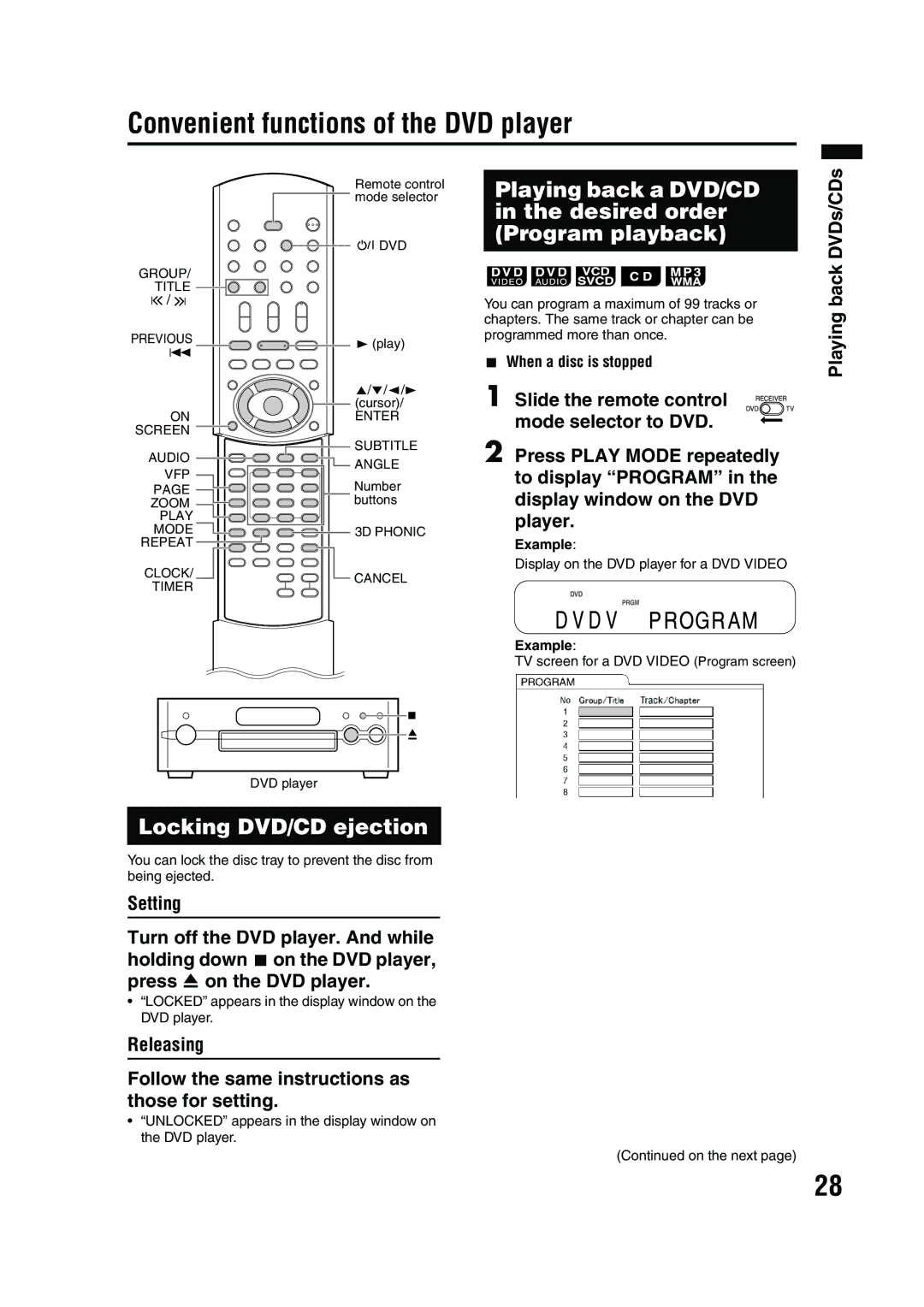 JVC EX-A10 manual Convenient functions of the DVD player, Releasing Follow the same instructions as those for setting 