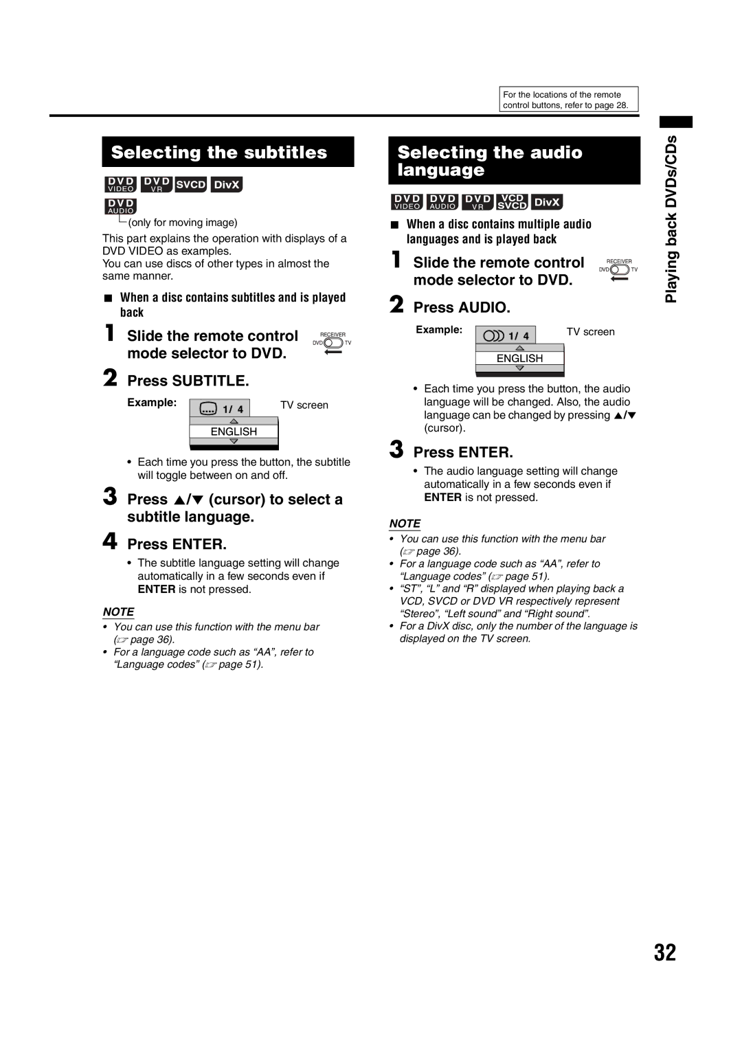 JVC EX-A10 Selecting the subtitles Selecting the audio Language, Slide the remote control mode selector to DVD Press Audio 