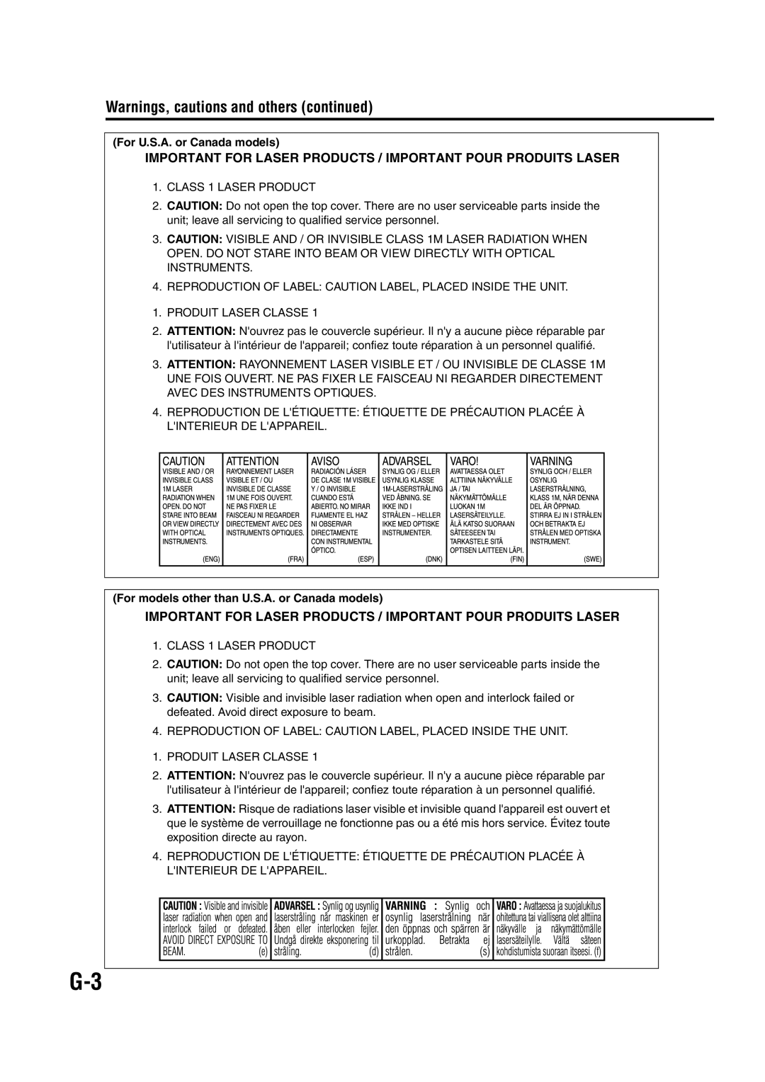 JVC EX-A10 manual Important for Laser Products / Important Pour Produits Laser 