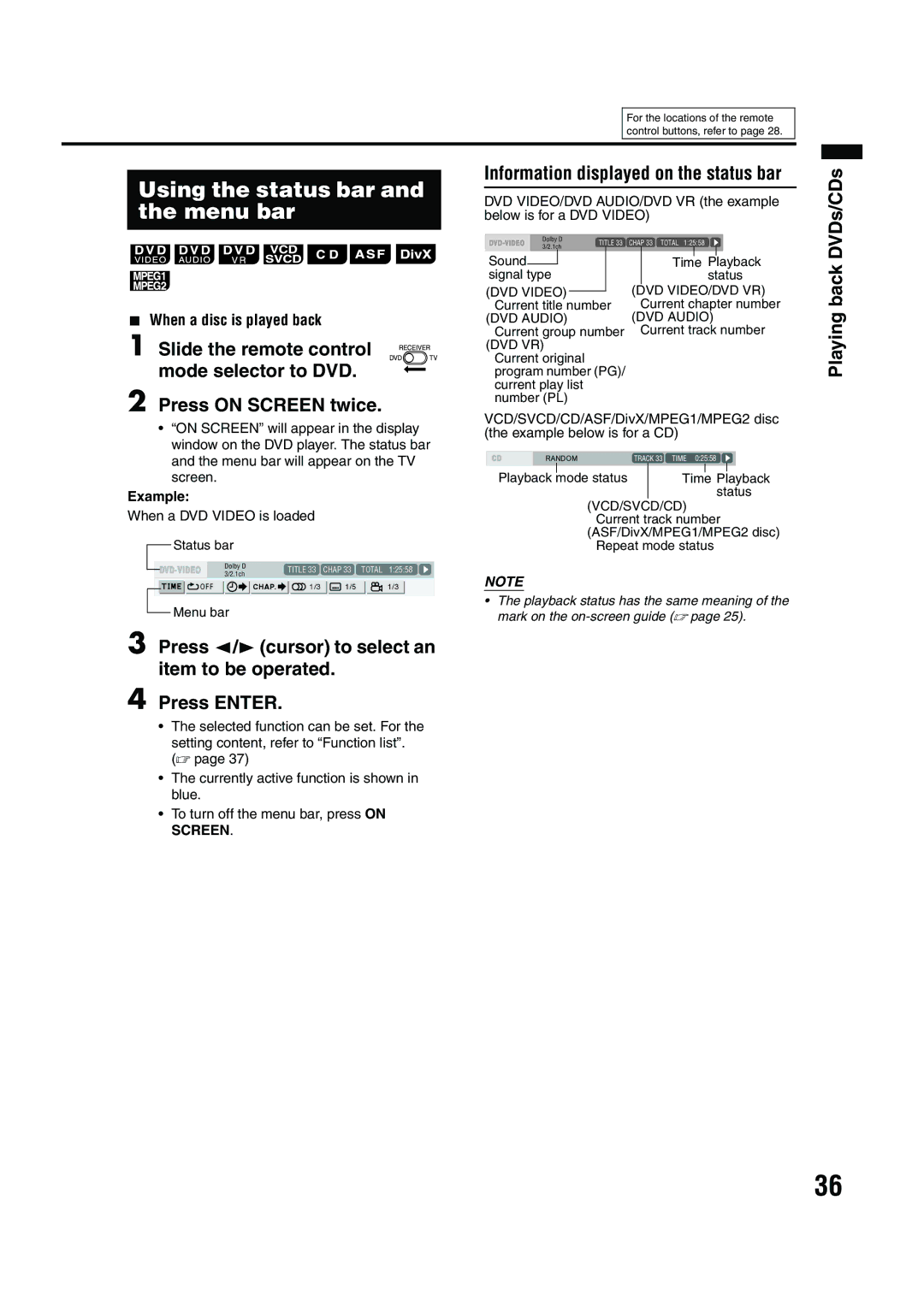 JVC EX-A10 manual Using the status bar and the menu bar, When a DVD Video is loaded 