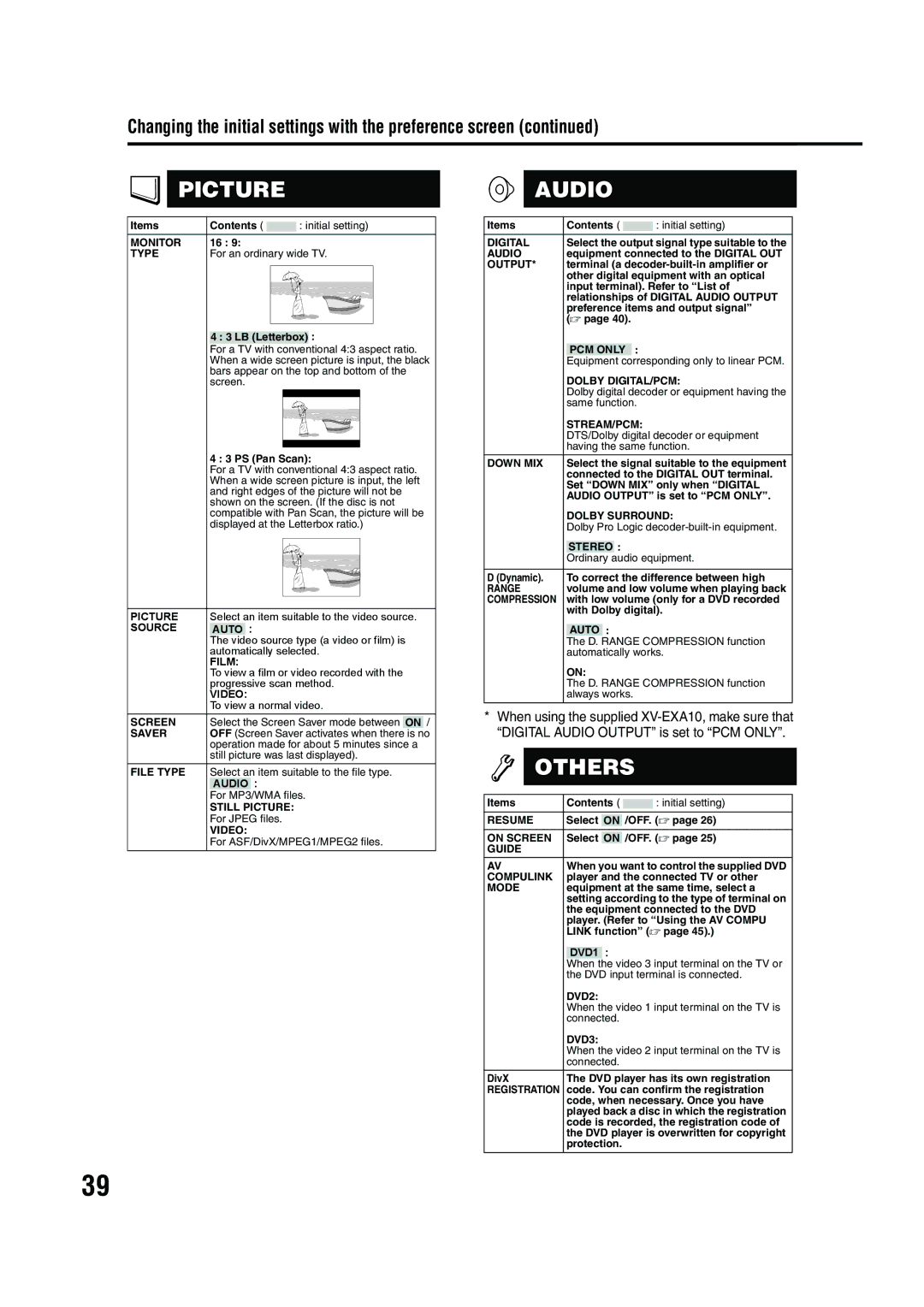 JVC EX-A10 manual Picture, Changing the initial settings with the preference screen 