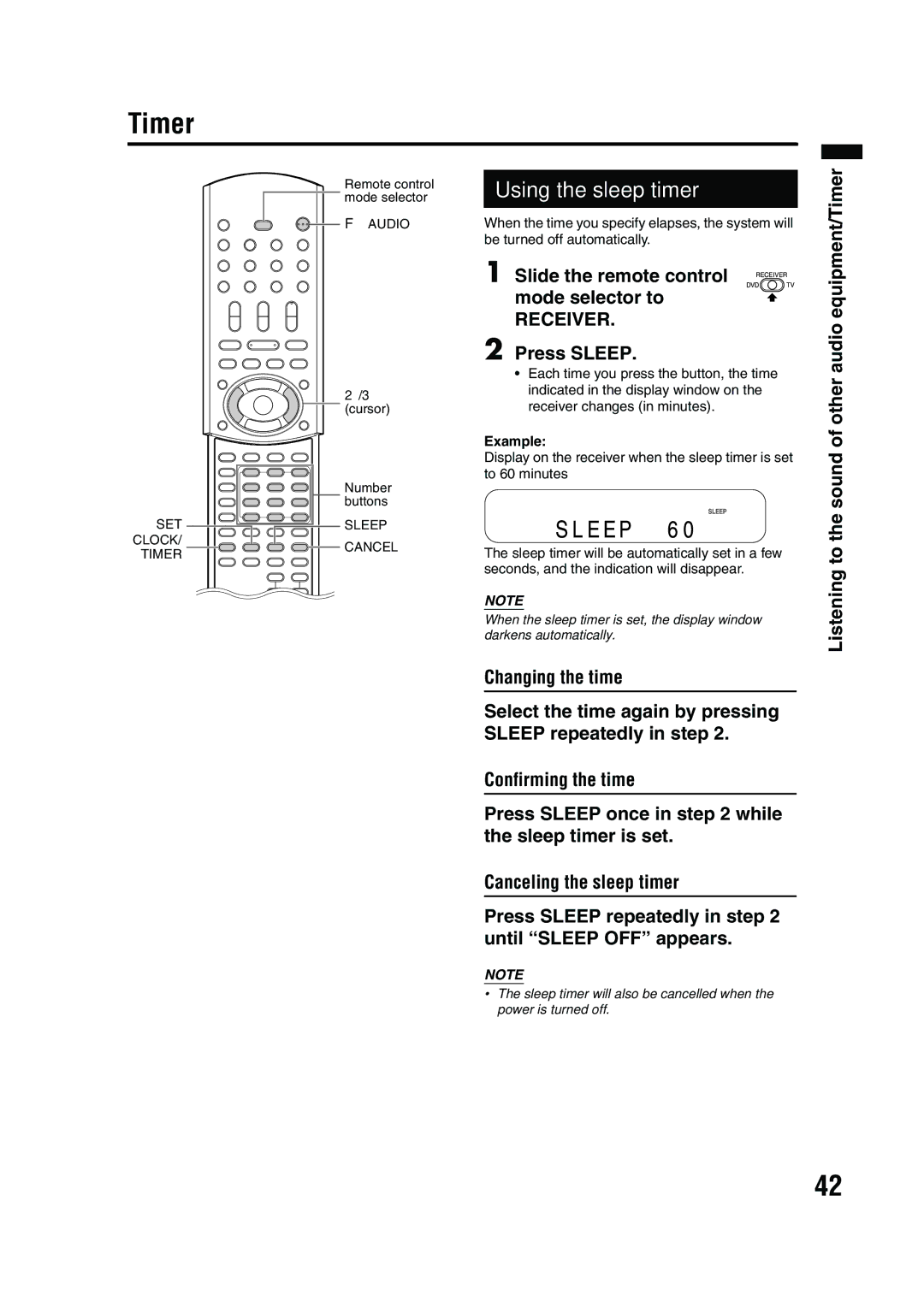 JVC EX-A10 manual Using the sleep timer, Press Sleep, Listening to the sound of other audio equipment/Timer 