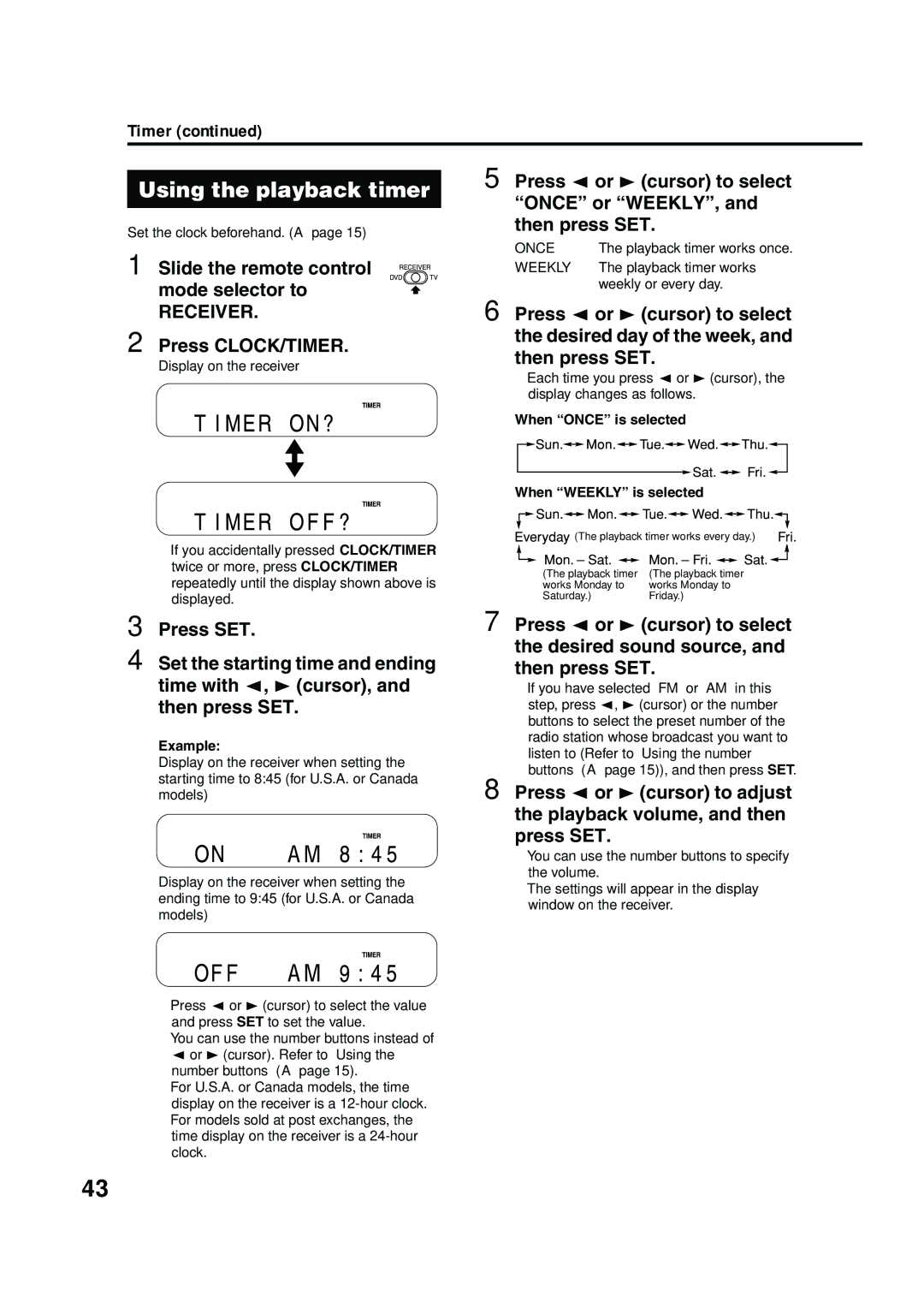 JVC EX-A10 manual Using the playback timer, Set the clock beforehand. a, Playback timer works, Weekly or every day 