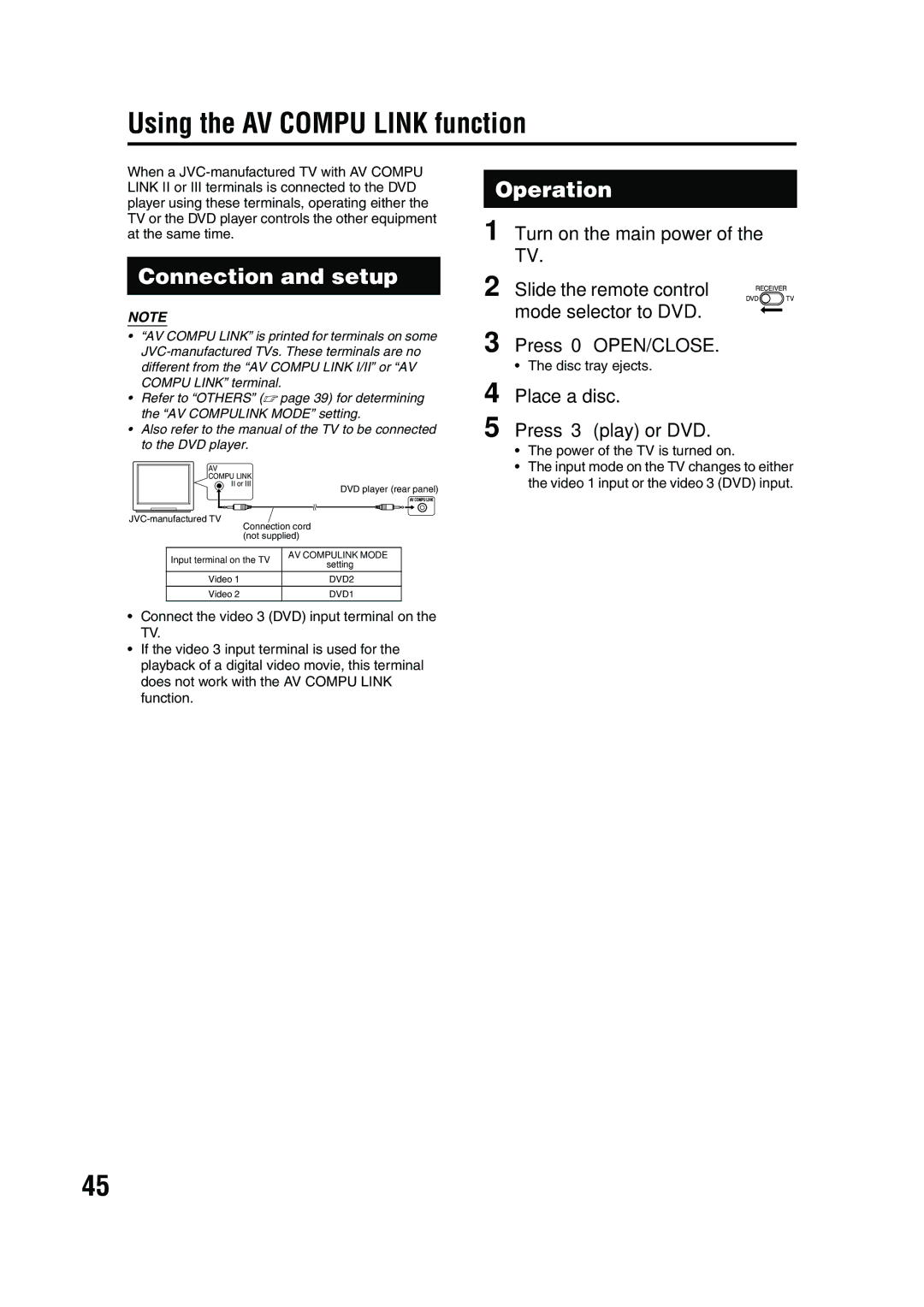 JVC EX-A10 manual Using the AV Compu Link function, Connection and setup, Operation, Place a disc Press 3 play or DVD 