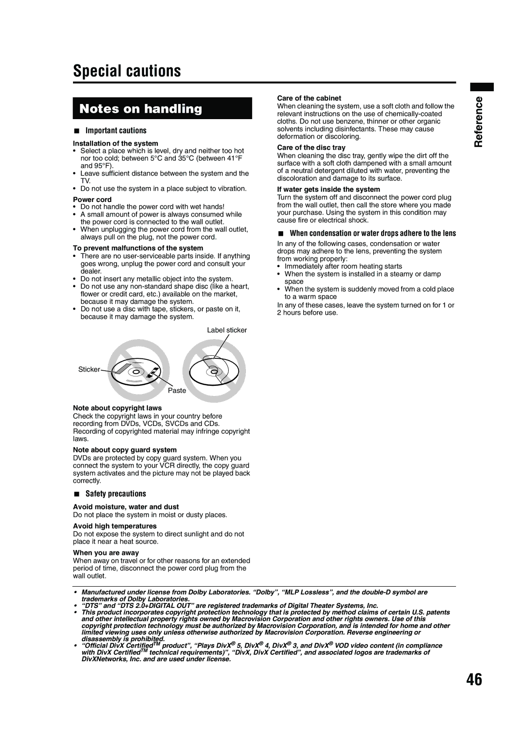 JVC EX-A10 manual Special cautions, Important cautions 