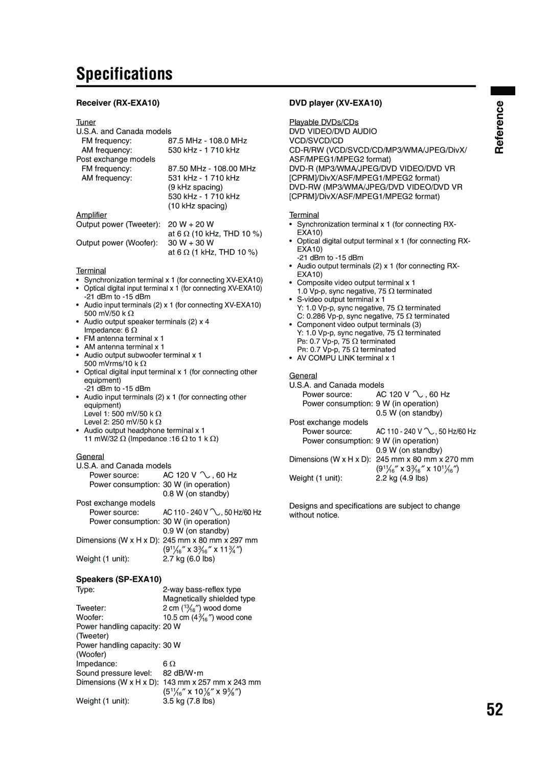 JVC EX-A10 manual Specifications, Receiver RX-EXA10 