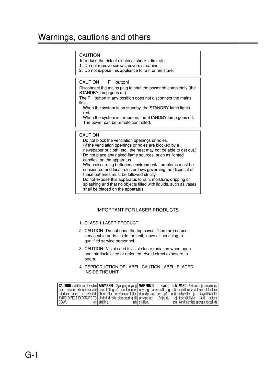 JVC EX-A10 manual Important for Laser Products 