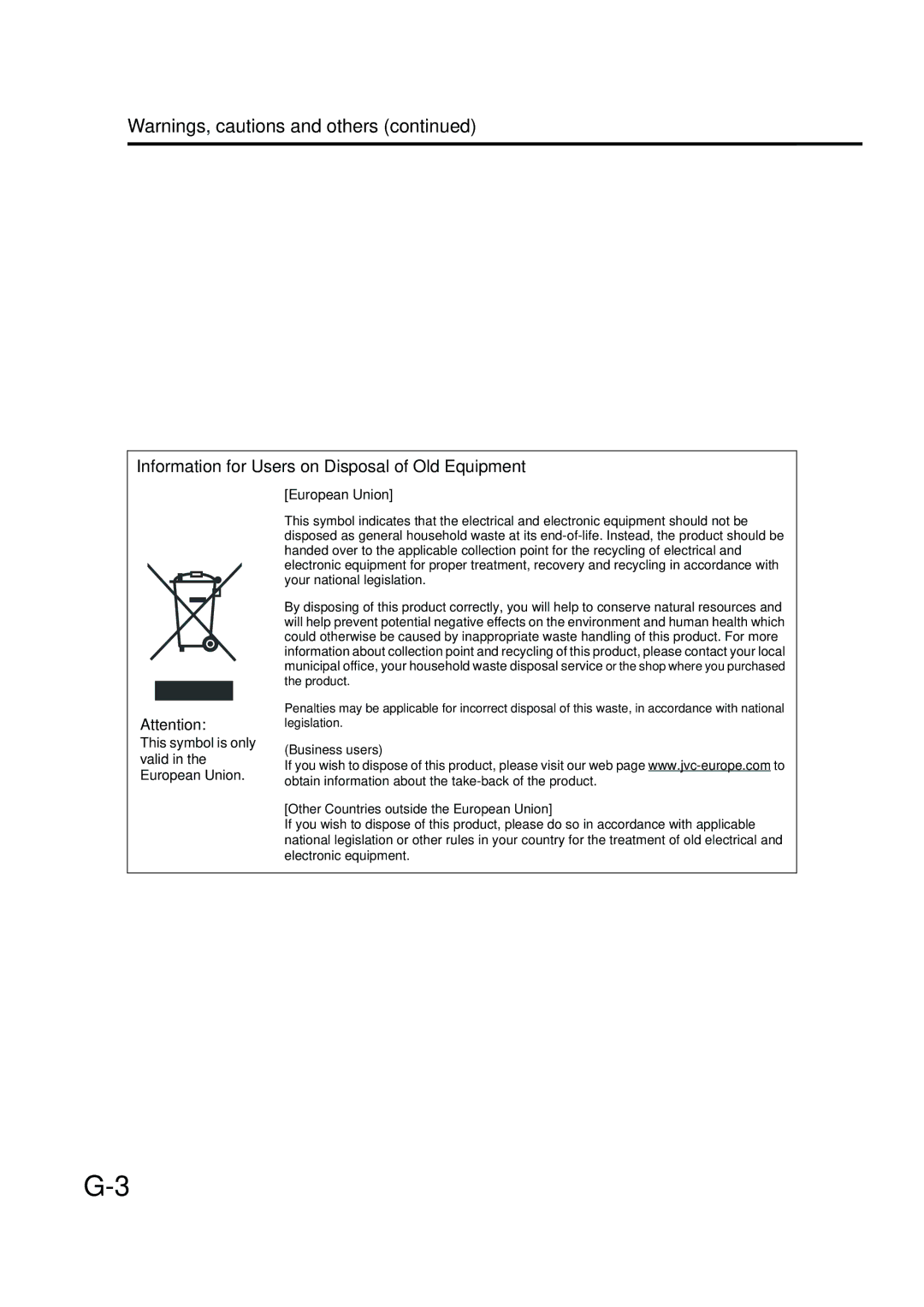 JVC EX-A10 manual Information for Users on Disposal of Old Equipment, This symbol is only valid in the European Union 