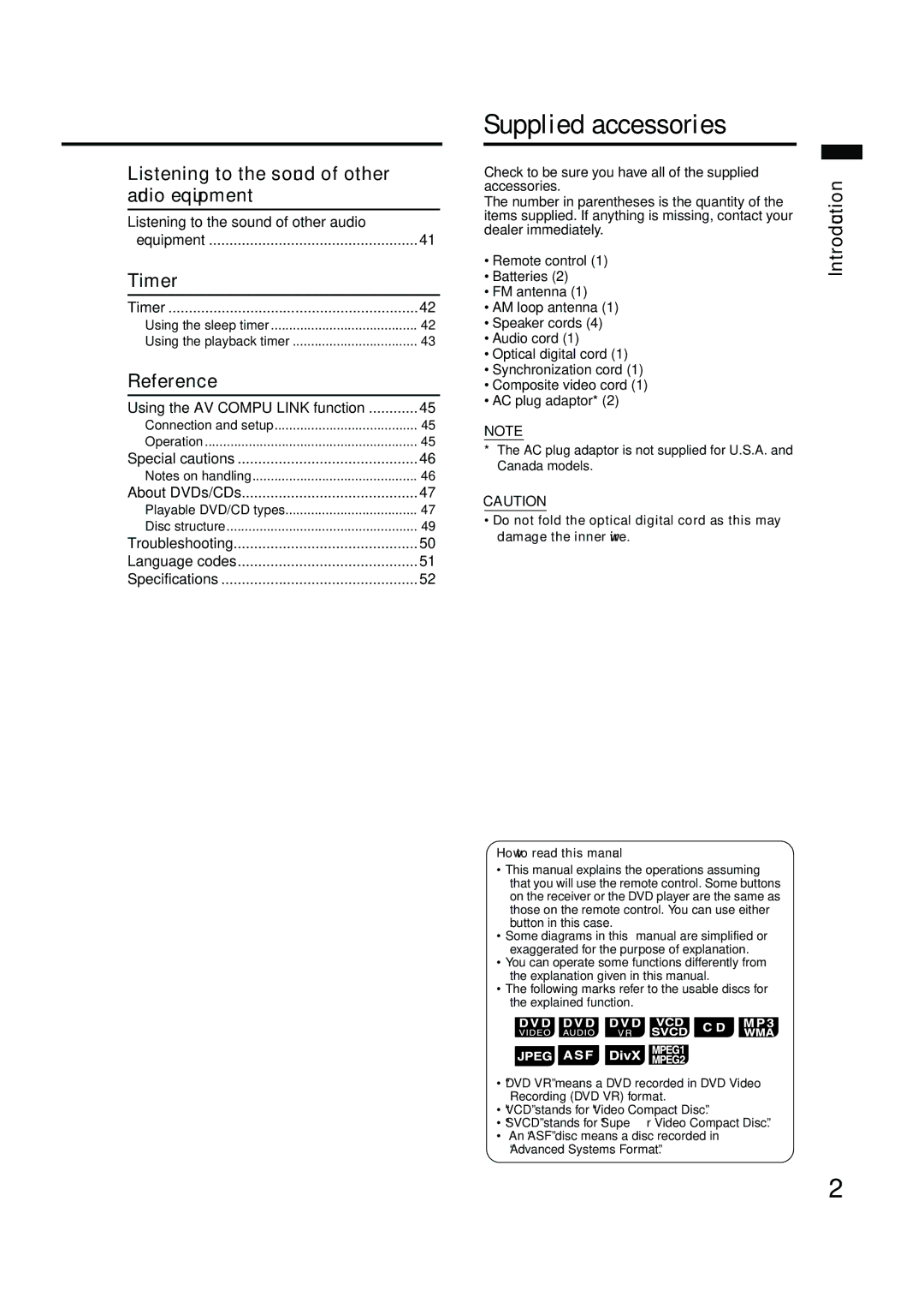 JVC EX-A10 manual Supplied accessories, Listening to the sound of other Audio equipment, Timer, Reference 