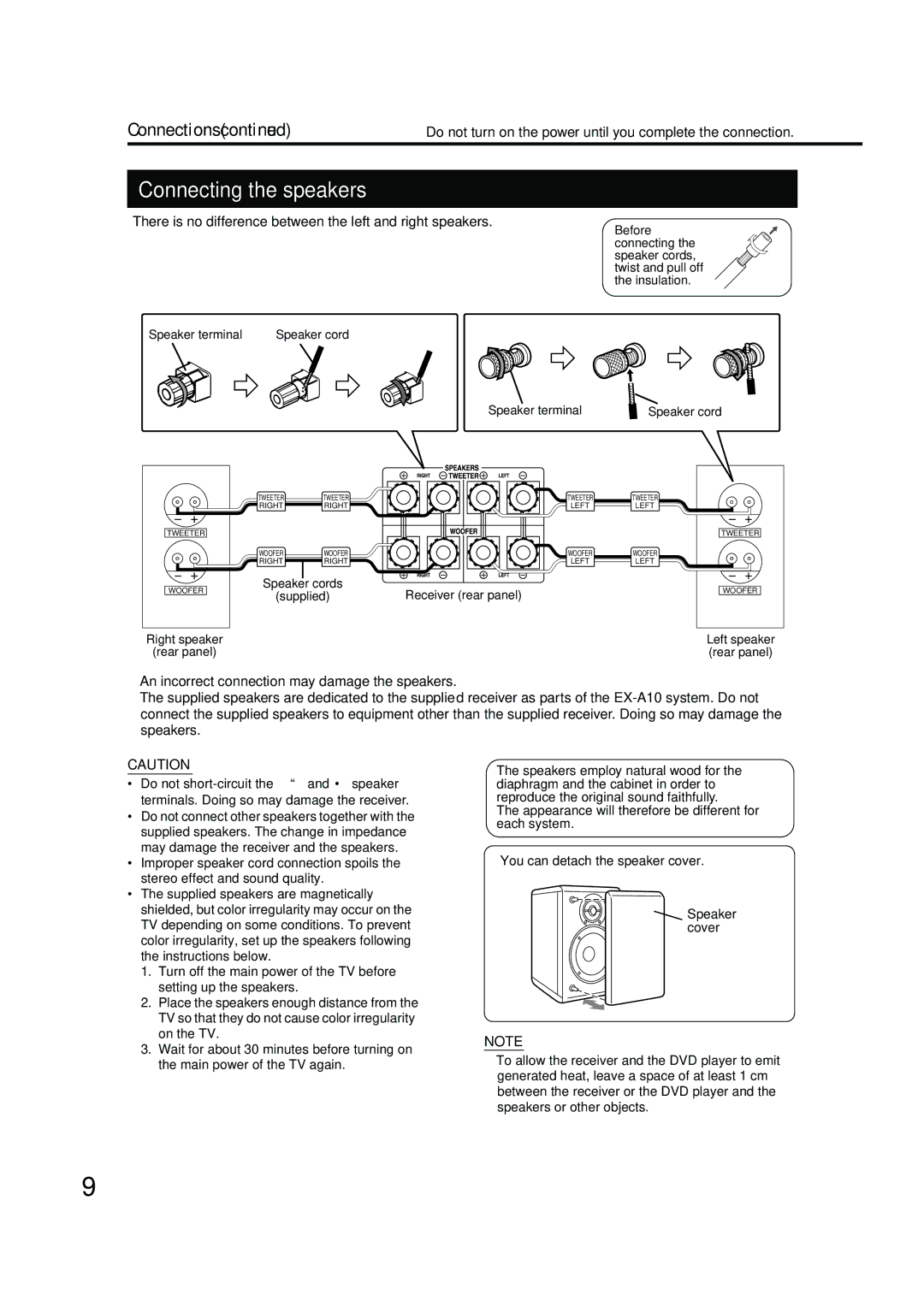 JVC EX-A10 manual Connecting the speakers 