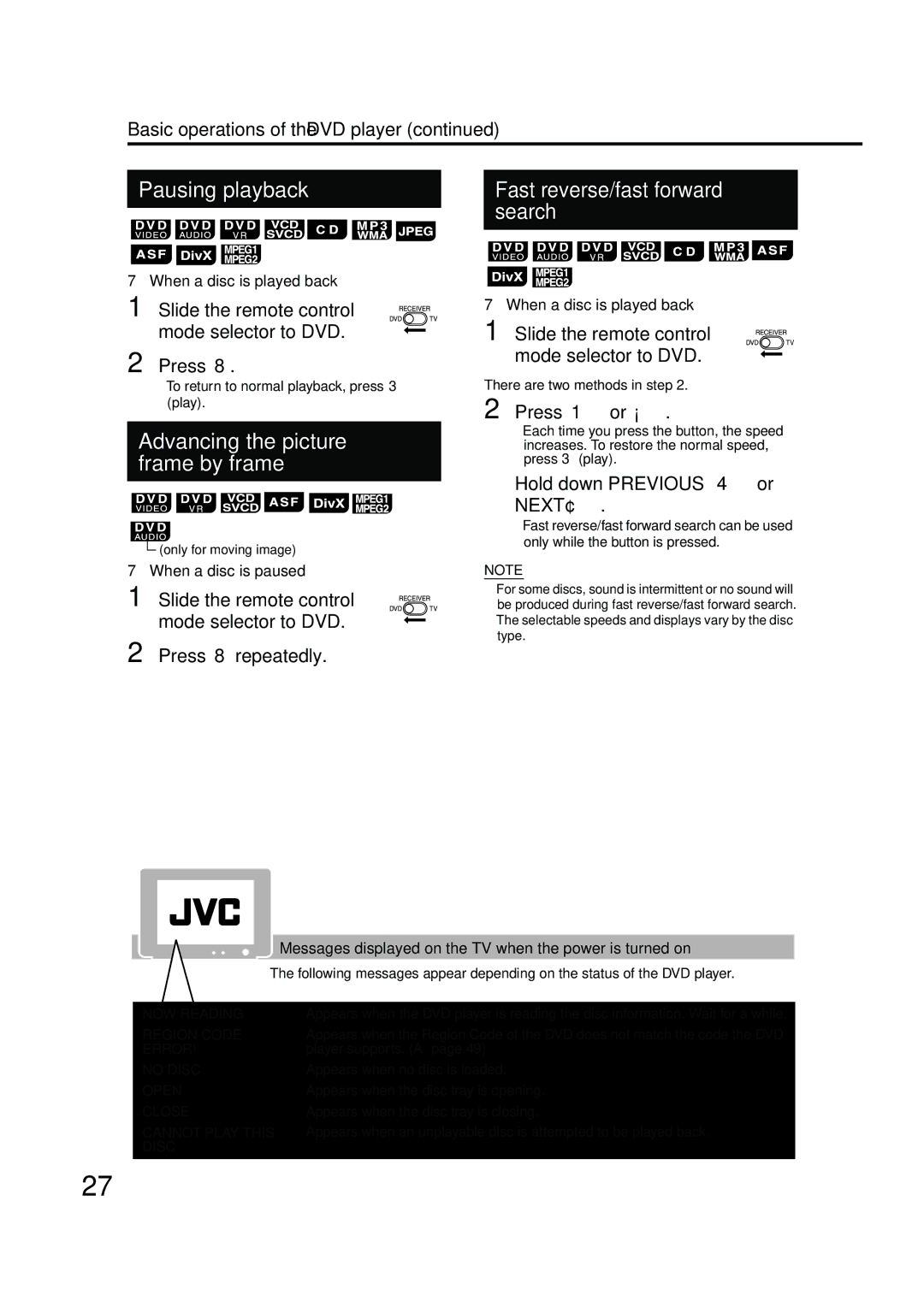 JVC EX-A10 manual Pausing playback 