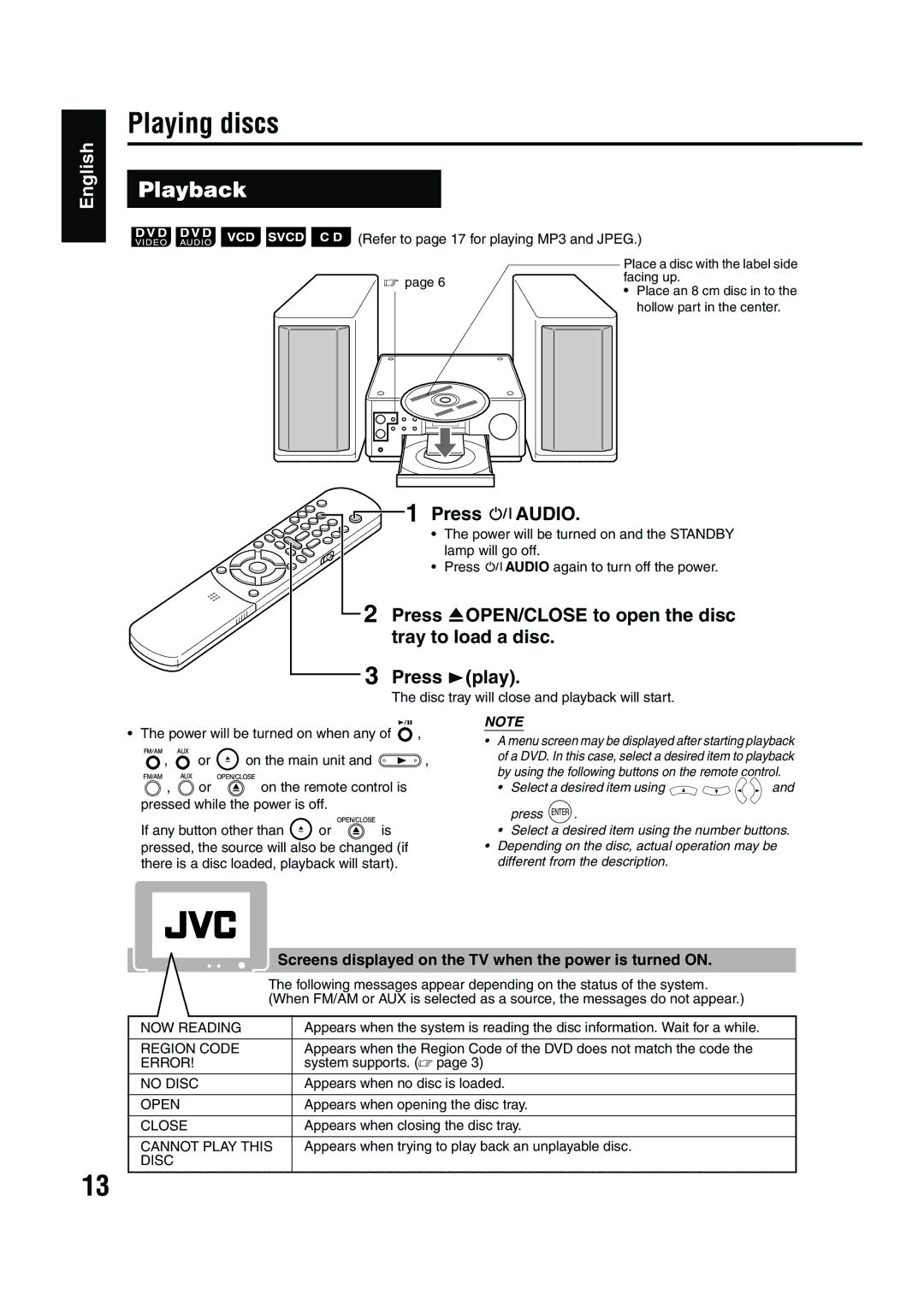 JVC EX-A5 manual Playing discs, Playback, Press Faudio, Screens displayed on the TV when the power is turned on 