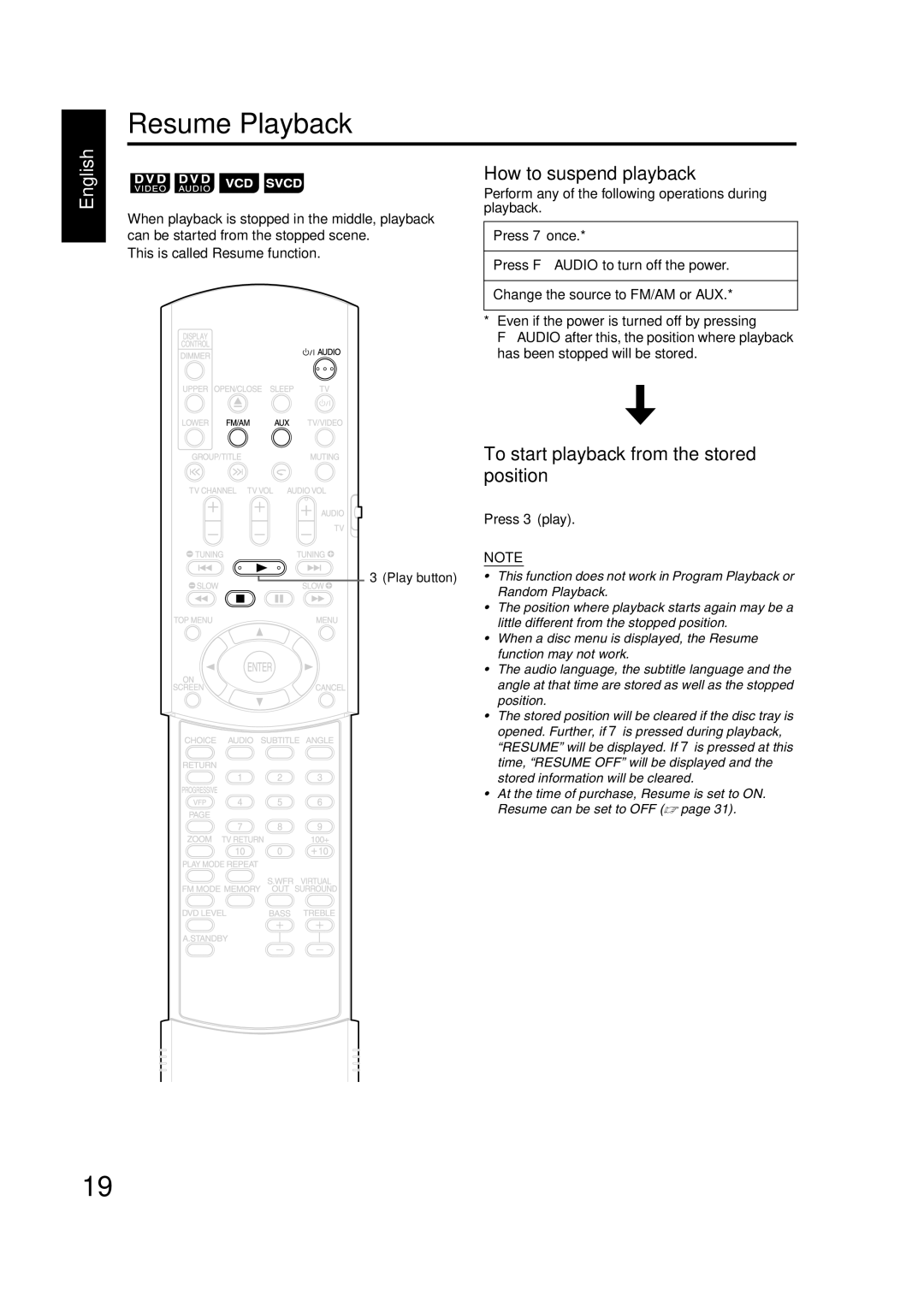 JVC EX-A5 manual Resume Playback, How to suspend playback, To start playback from the stored position, Press 3play 