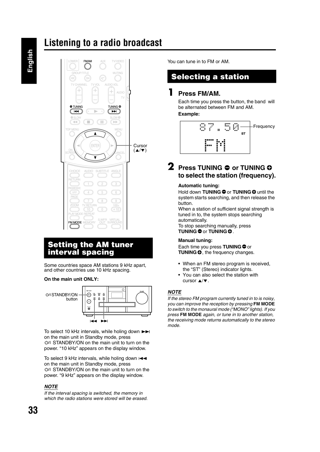 JVC EX-A5 manual Listening to a radio broadcast, Setting the AM tuner interval spacing, Selecting a station, Press FM/AM 