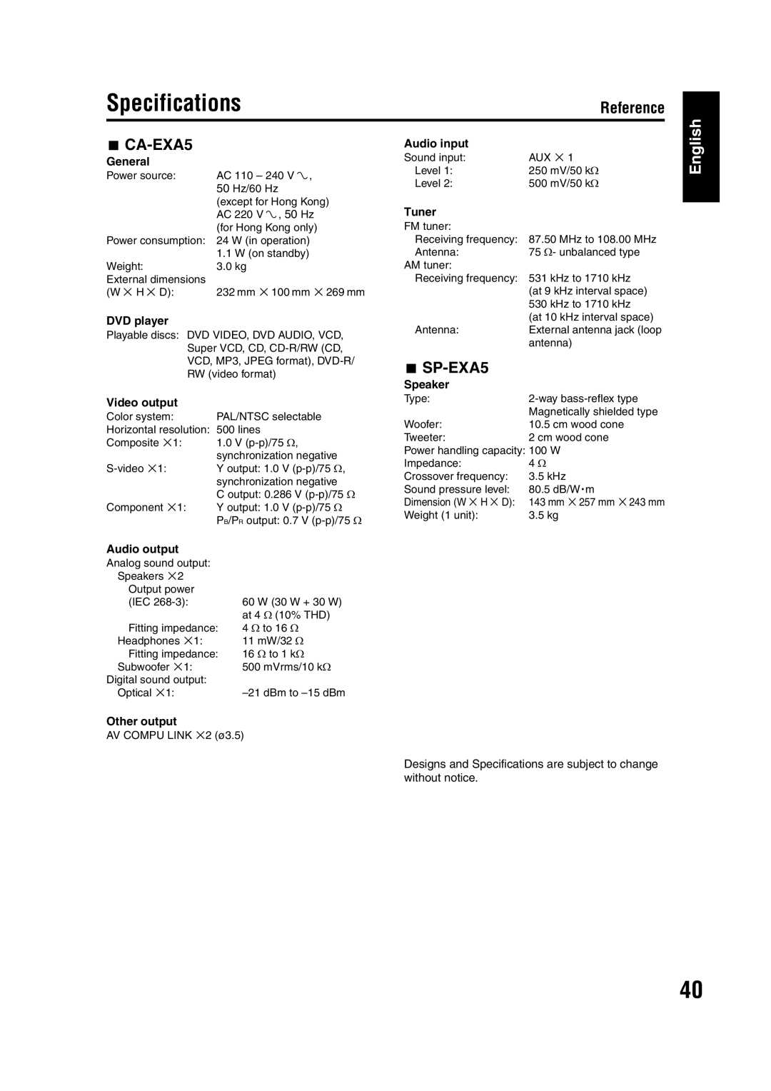 JVC EX-A5 manual Specifications 