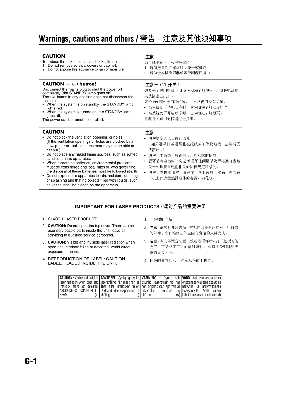 JVC EX-A5 manual CAUTION - F button, Important For Laser Products / 镭射产品的重要说明, Warnings, cautions and others / 警告，注意及其他须知事项 