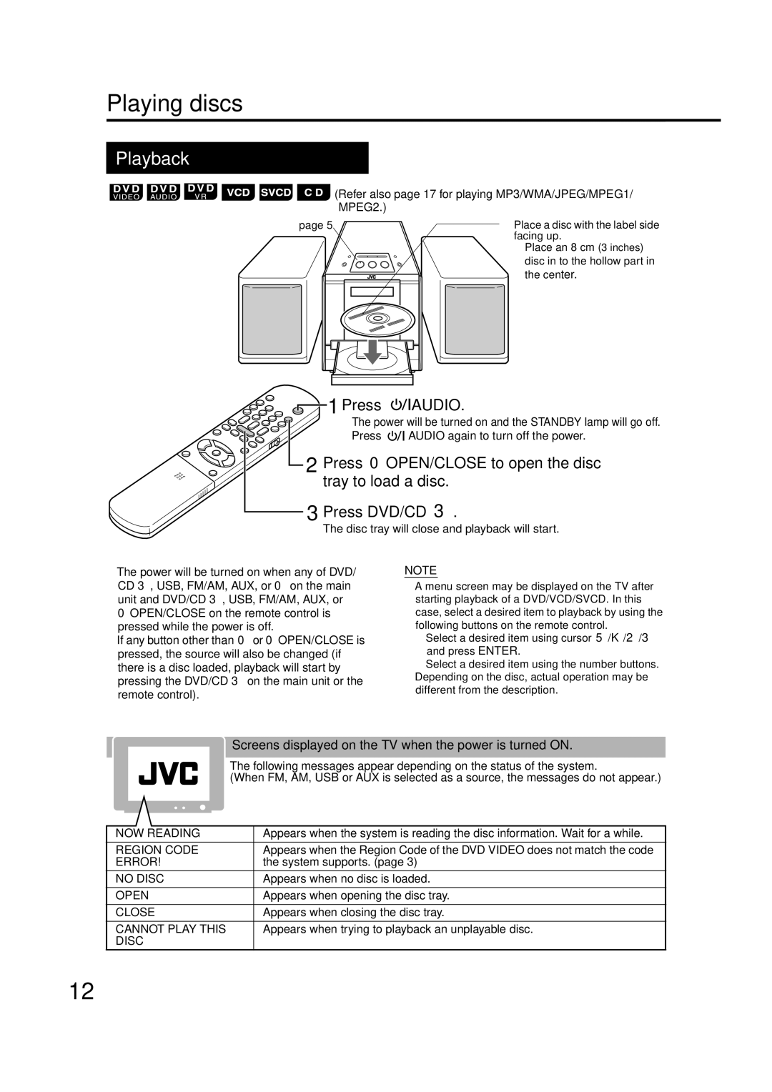 JVC EX-D11 manual Playing discs, Playback, Press Audio 