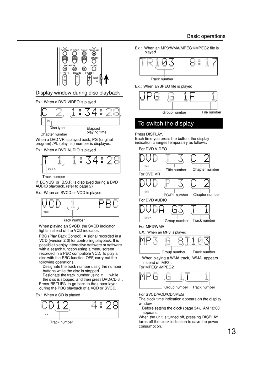 JVC EX-D11 manual To switch the display, Basic operations Display window during disc playback 