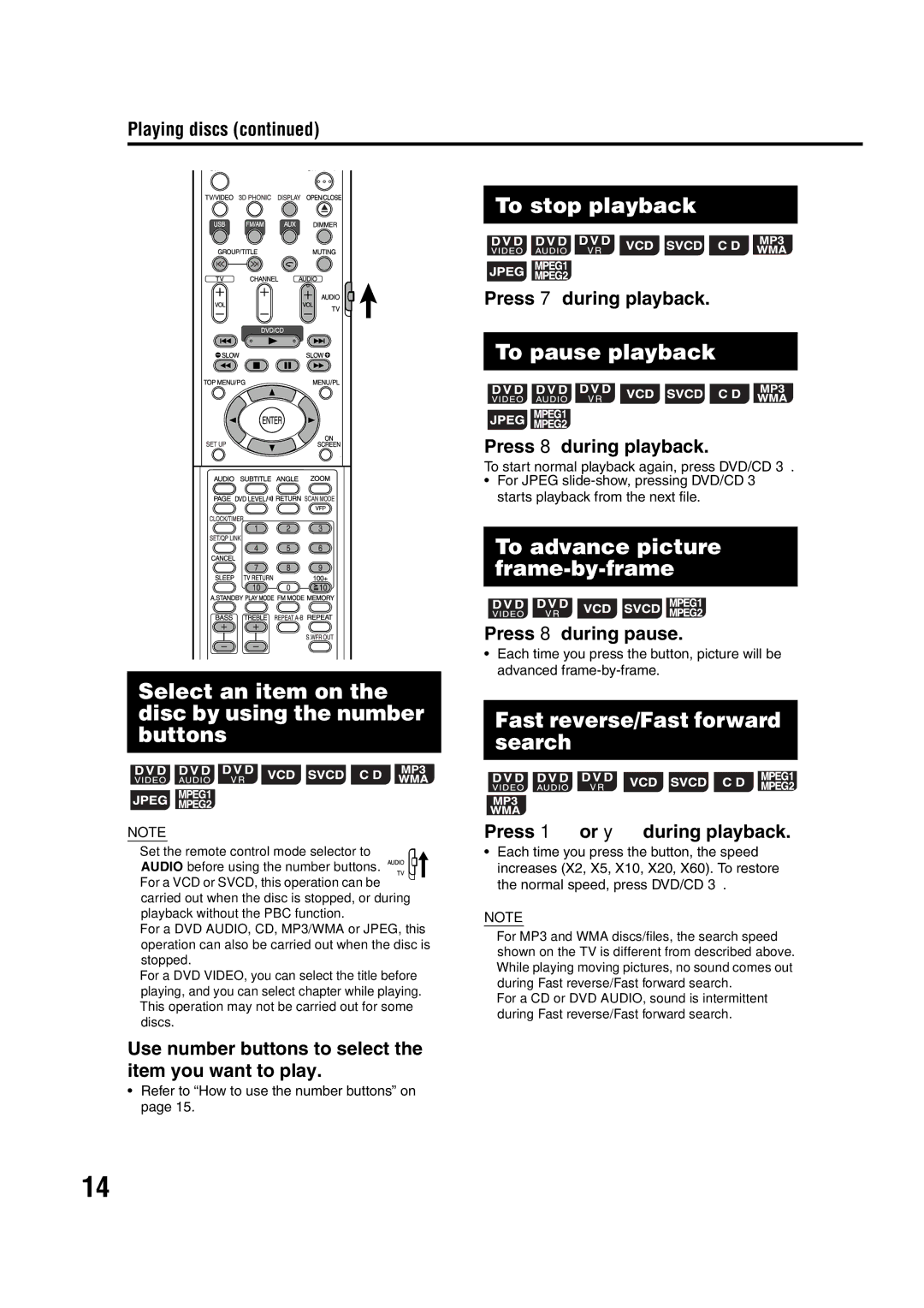 JVC EX-D11 manual Select an item on the disc by using the number buttons, To stop playback, To pause playback 