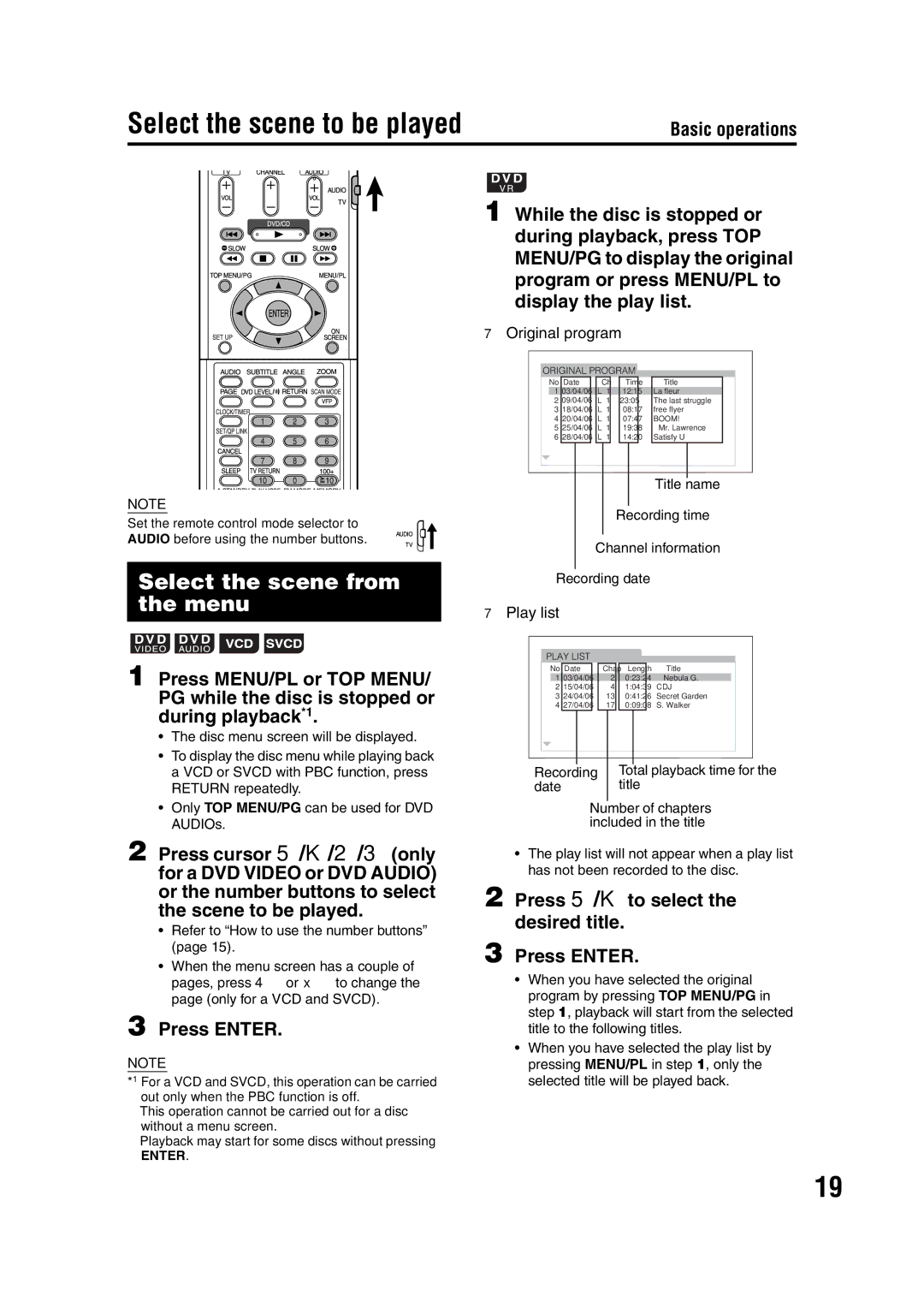 JVC EX-D11 manual Select the scene to be played, Select the scene from the menu, Press Enter, Recording 