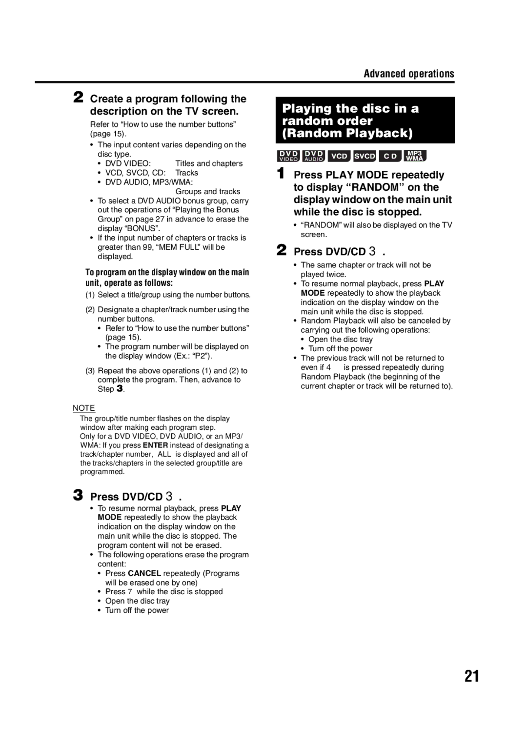 JVC EX-D11 manual Playing the disc in a random order Random Playback, VCD, SVCD, CD Tracks 