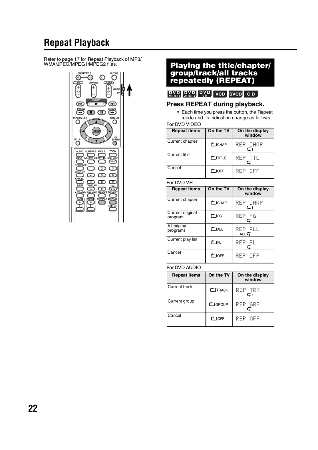 JVC EX-D11 manual Repeat Playback, Press Repeat during playback, For DVD Video, For DVD VR, For DVD Audio 