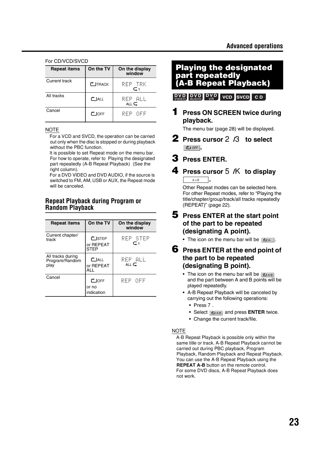 JVC EX-D11 manual Playing the designated part repeatedly Repeat Playback, Repeat Playback during Program or Random Playback 