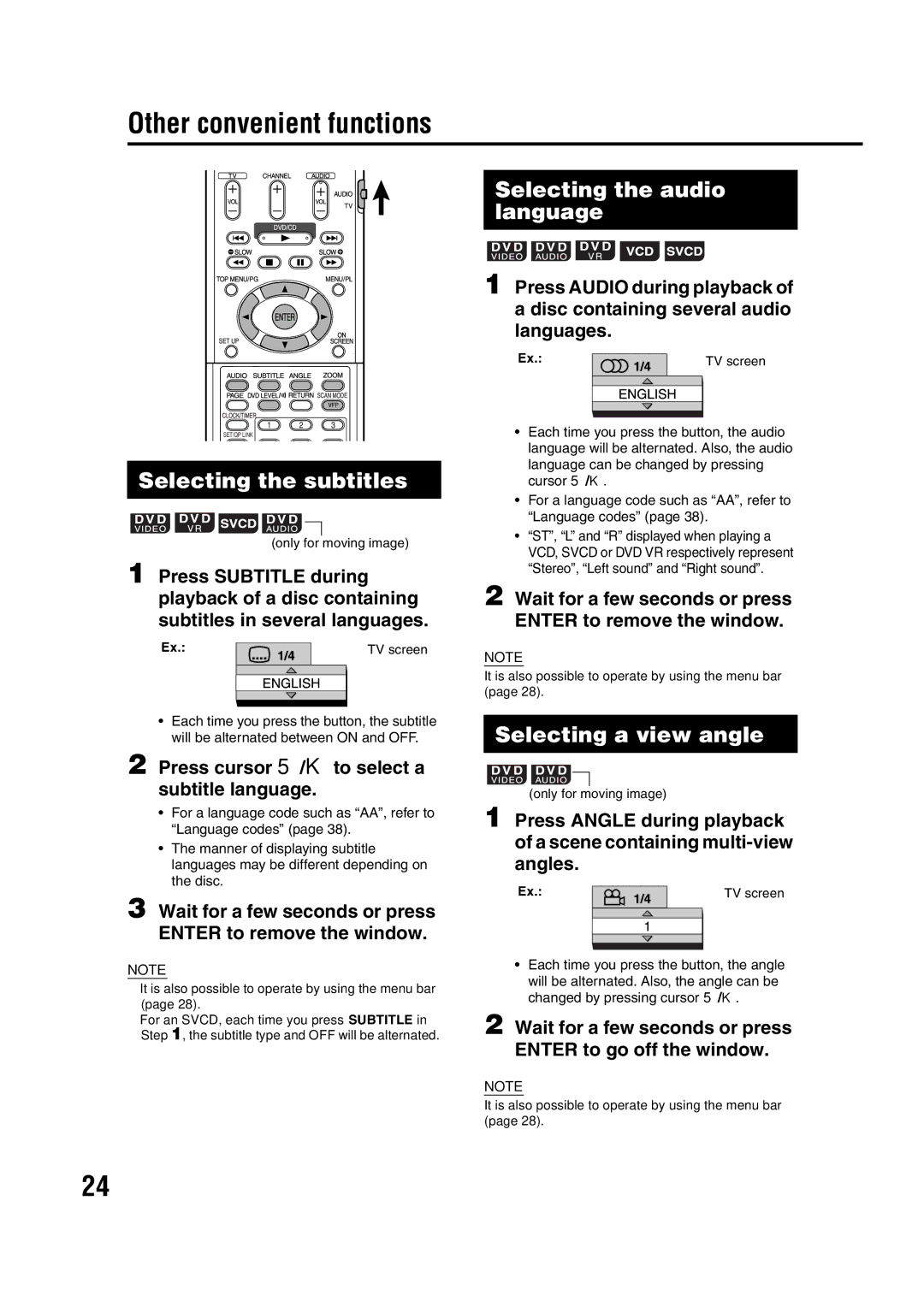 JVC EX-D11 manual Other convenient functions, Selecting the subtitles, Selecting the audio language, Selecting a view angle 