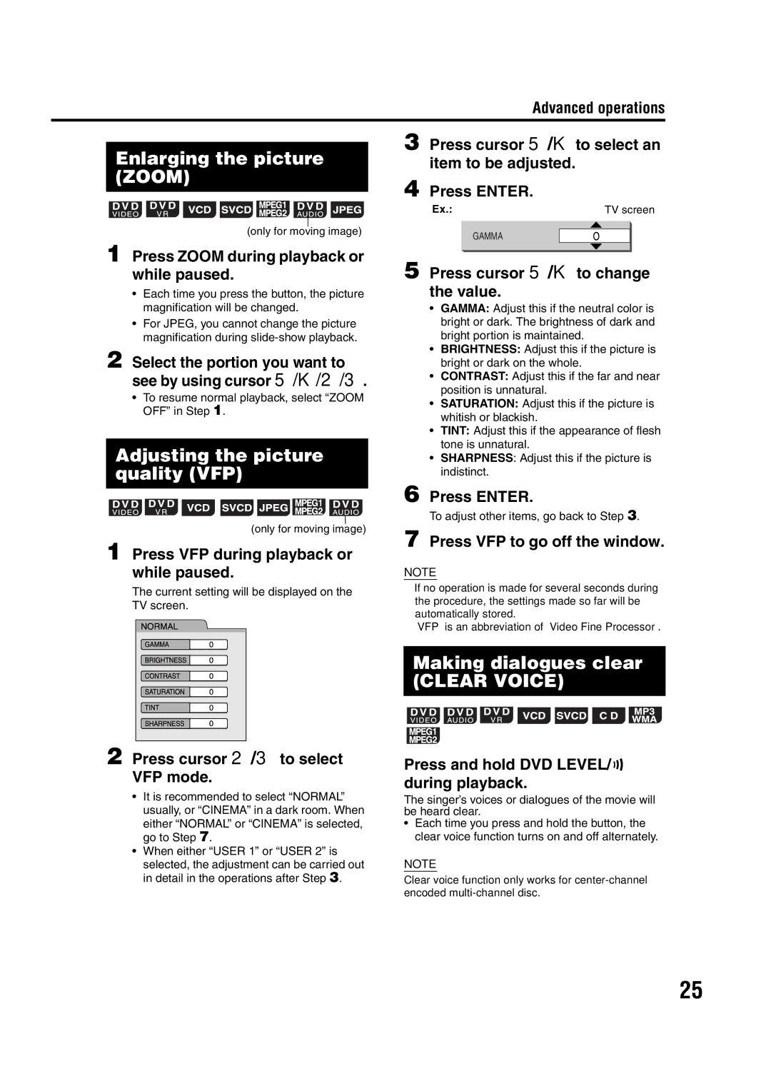 JVC EX-D11 manual Enlarging the picture Zoom, Adjusting the picture quality VFP, Making dialogues clear 