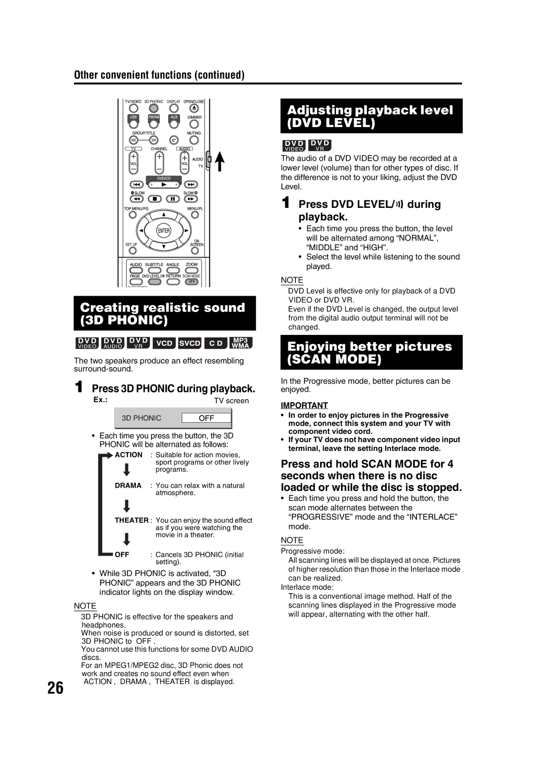 JVC EX-D11 Creating realistic sound 3D Phonic, Adjusting playback level DVD Level, Enjoying better pictures Scan Mode 