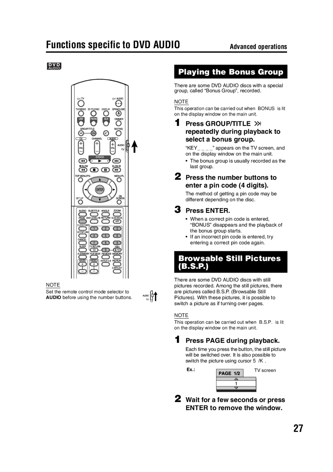 JVC EX-D11 manual Functions specific to DVD Audio, Playing the Bonus Group, Browsable Still Pictures B.S.P 