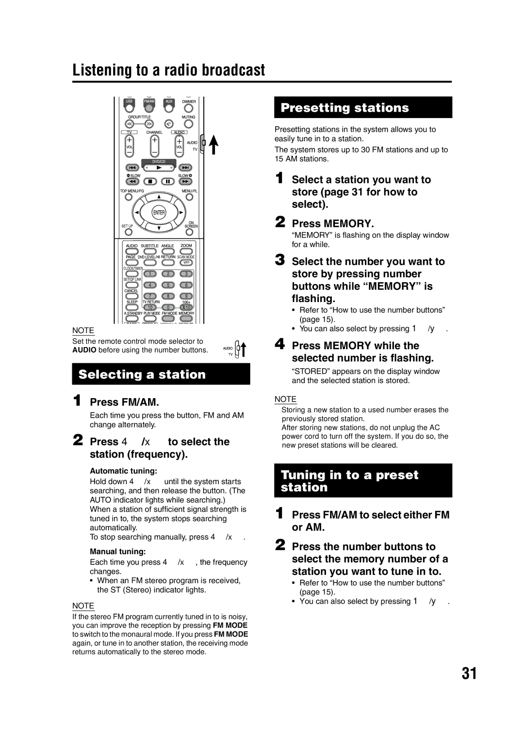 JVC EX-D11 manual Listening to a radio broadcast, Selecting a station, Presetting stations, Tuning in to a preset station 