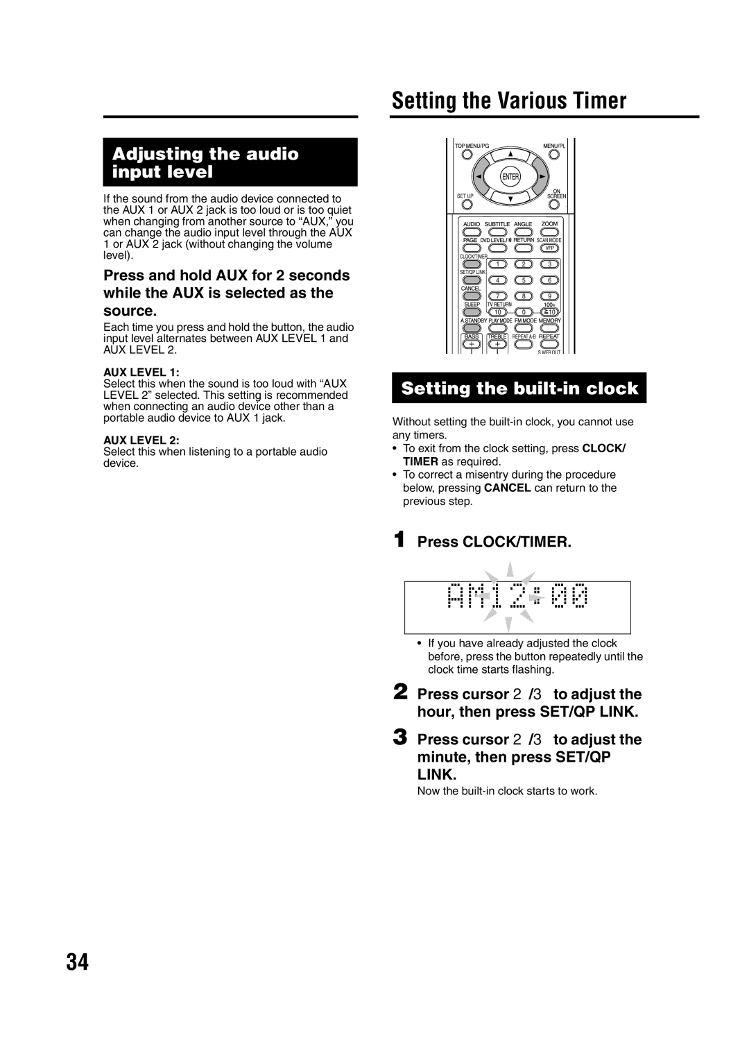 JVC EX-D11 manual Setting the Various Timer, Adjusting the audio input level, Setting the built-in clock, Press CLOCK/TIMER 