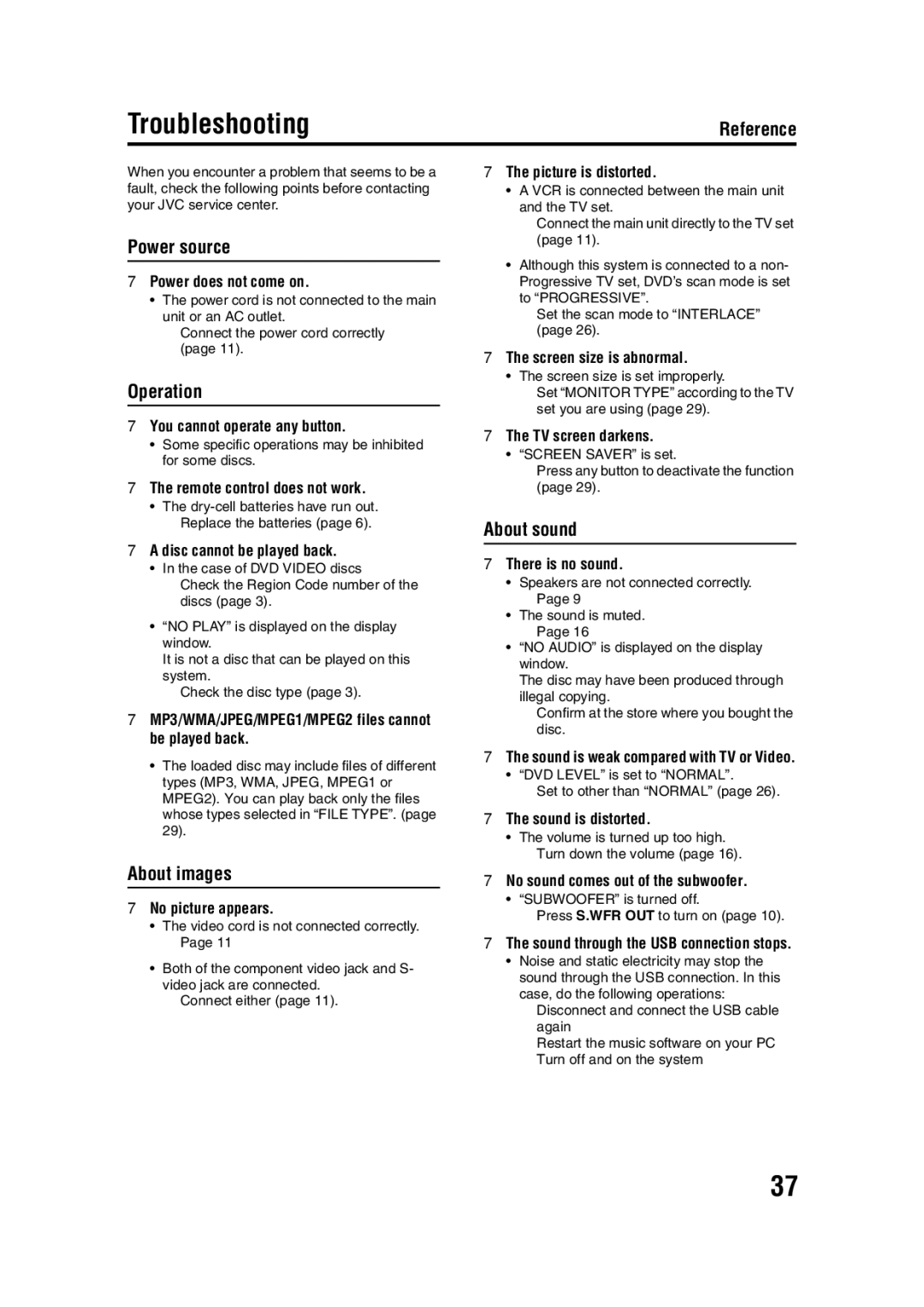 JVC EX-D11 manual Troubleshooting, Power source, Operation, About images, About sound 