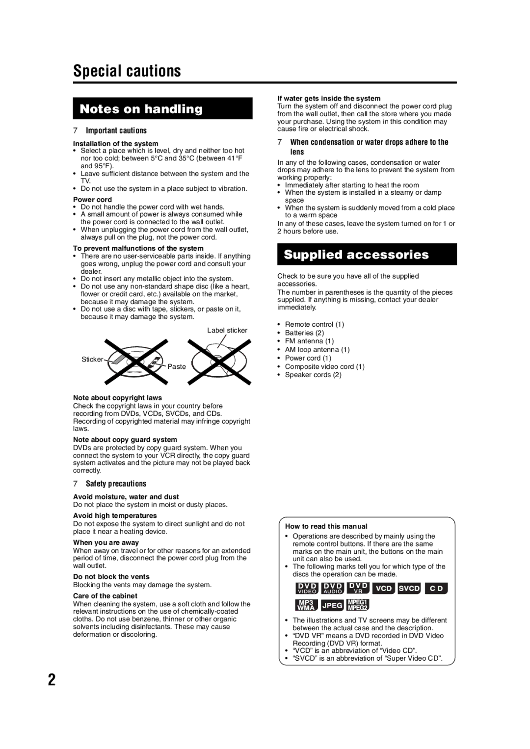 JVC EX-D11 manual Special cautions, Supplied accessories, Important cautions, Safety precautions 