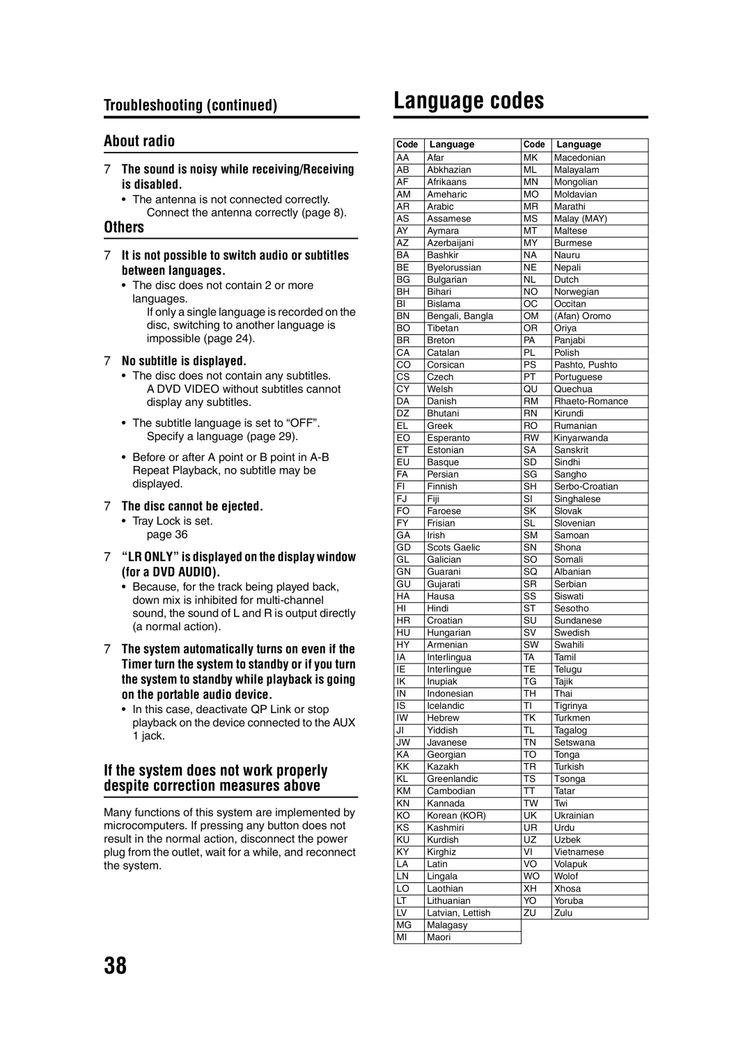 JVC EX-D11 manual Language codes, Troubleshooting About radio, Others, Tray Lock is set 