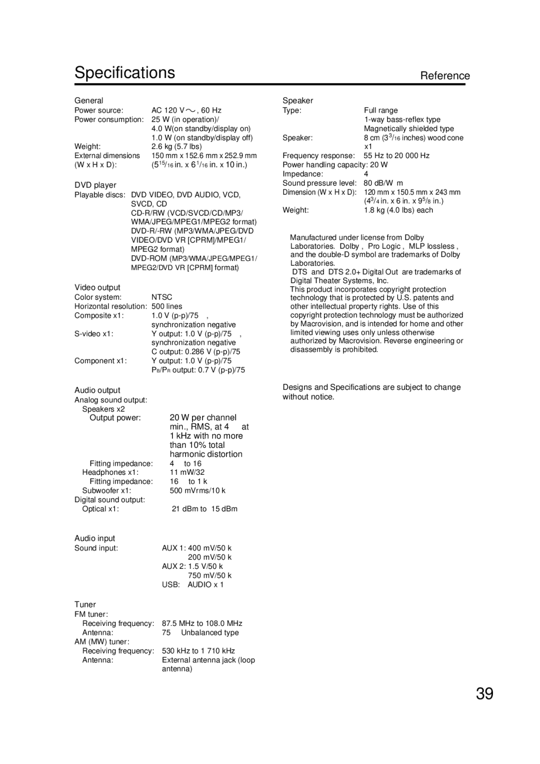 JVC EX-D11 manual Specifications 