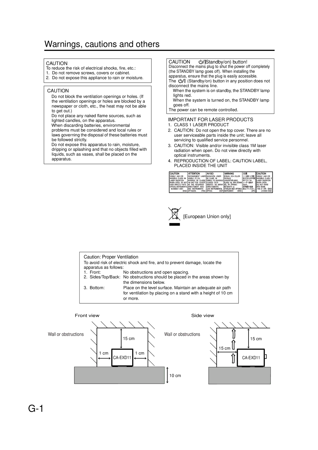 JVC EX-D11 manual Important for Laser Products, Wall or obstructions 