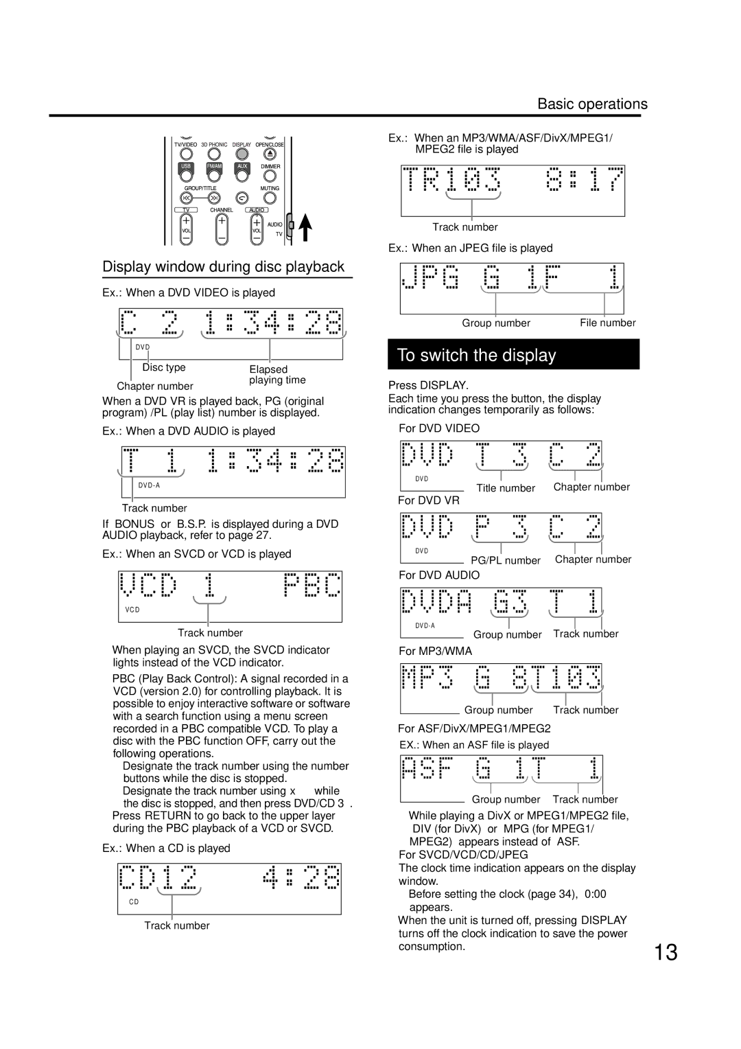 JVC EX-D11 manual Ex. When an MP3/WMA/ASF/DivX/MPEG1/ MPEG2 file is played, For ASF/DivX/MPEG1/MPEG2 