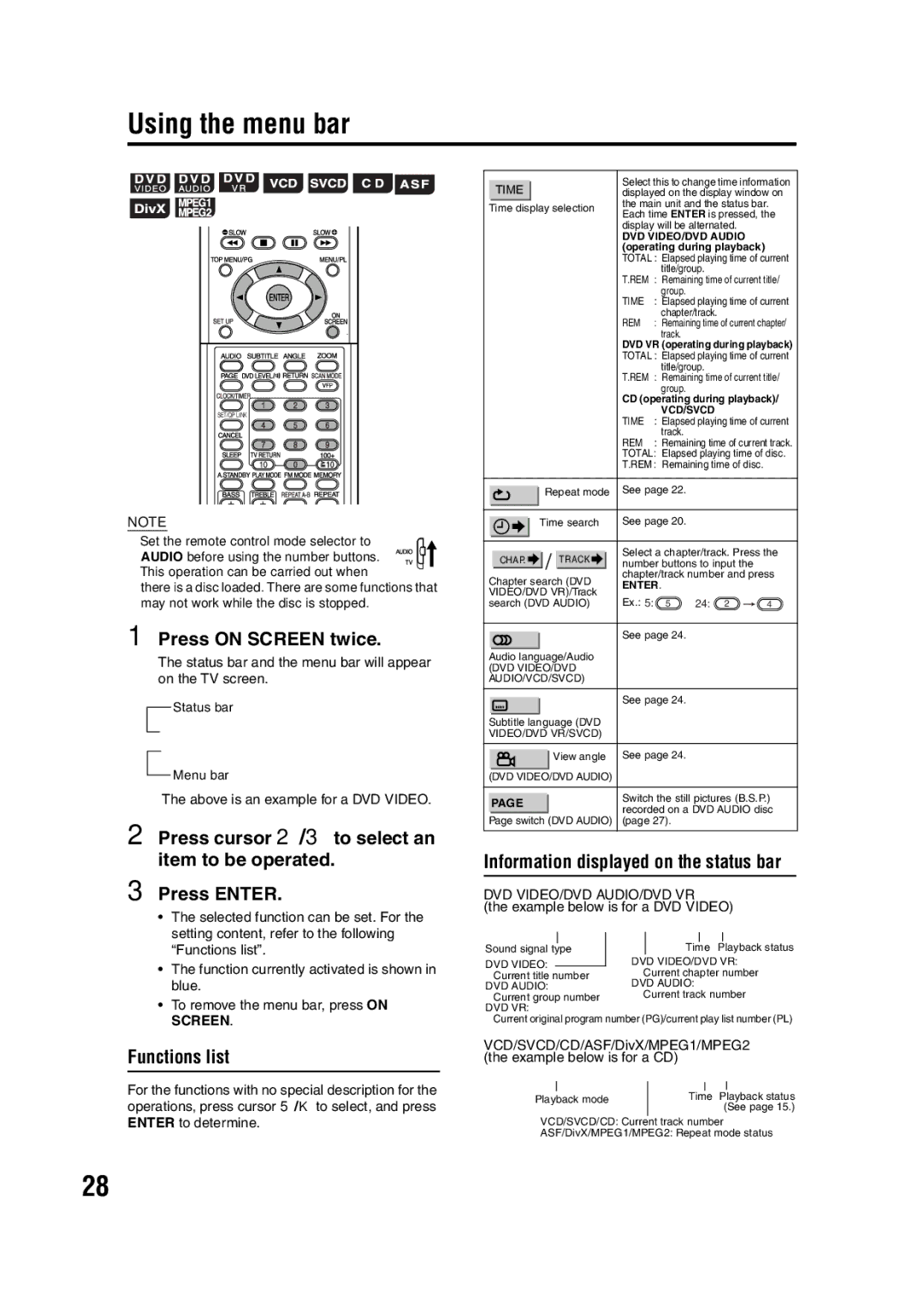 JVC EX-D11 manual Using the menu bar 