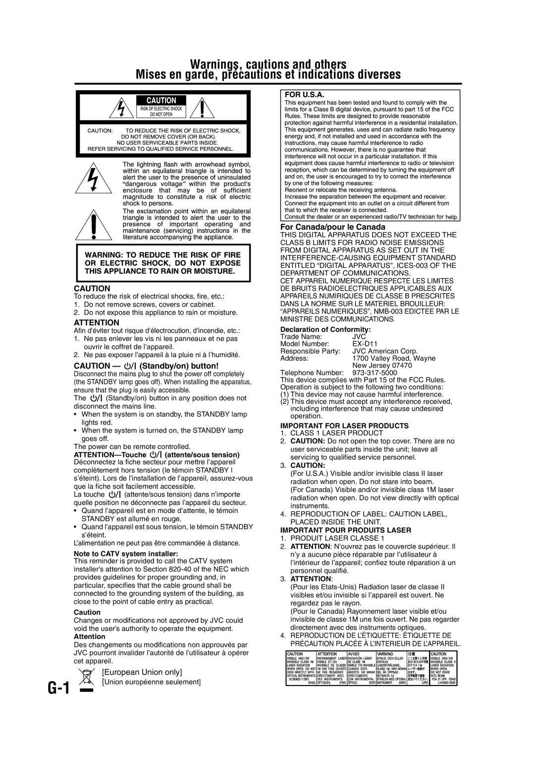JVC EX-D11 manual Warnings, cautions and others, CAUTION — Standby/on button, For Canada/pour le Canada 